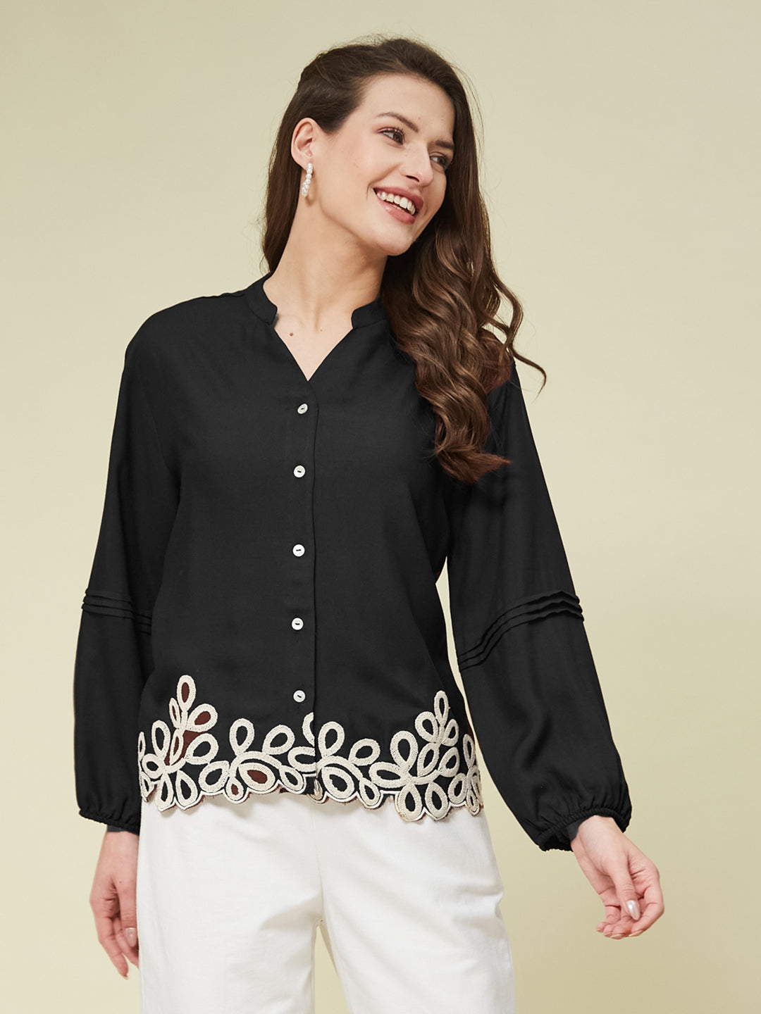 Black Embroidered Full Sleeves Regular Rayon Shirt
