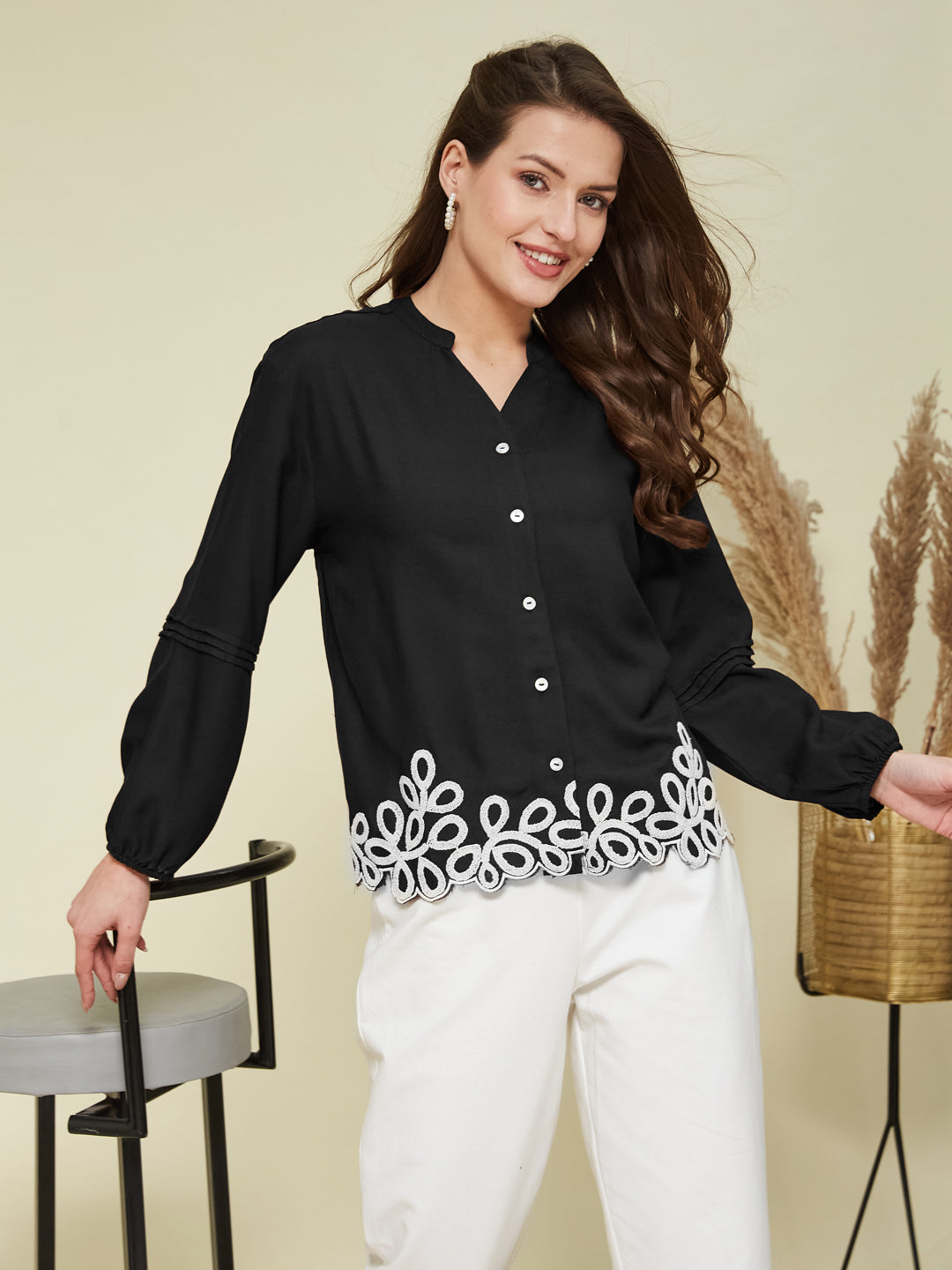 Black Embroidered Full Sleeves Regular Rayon Shirt