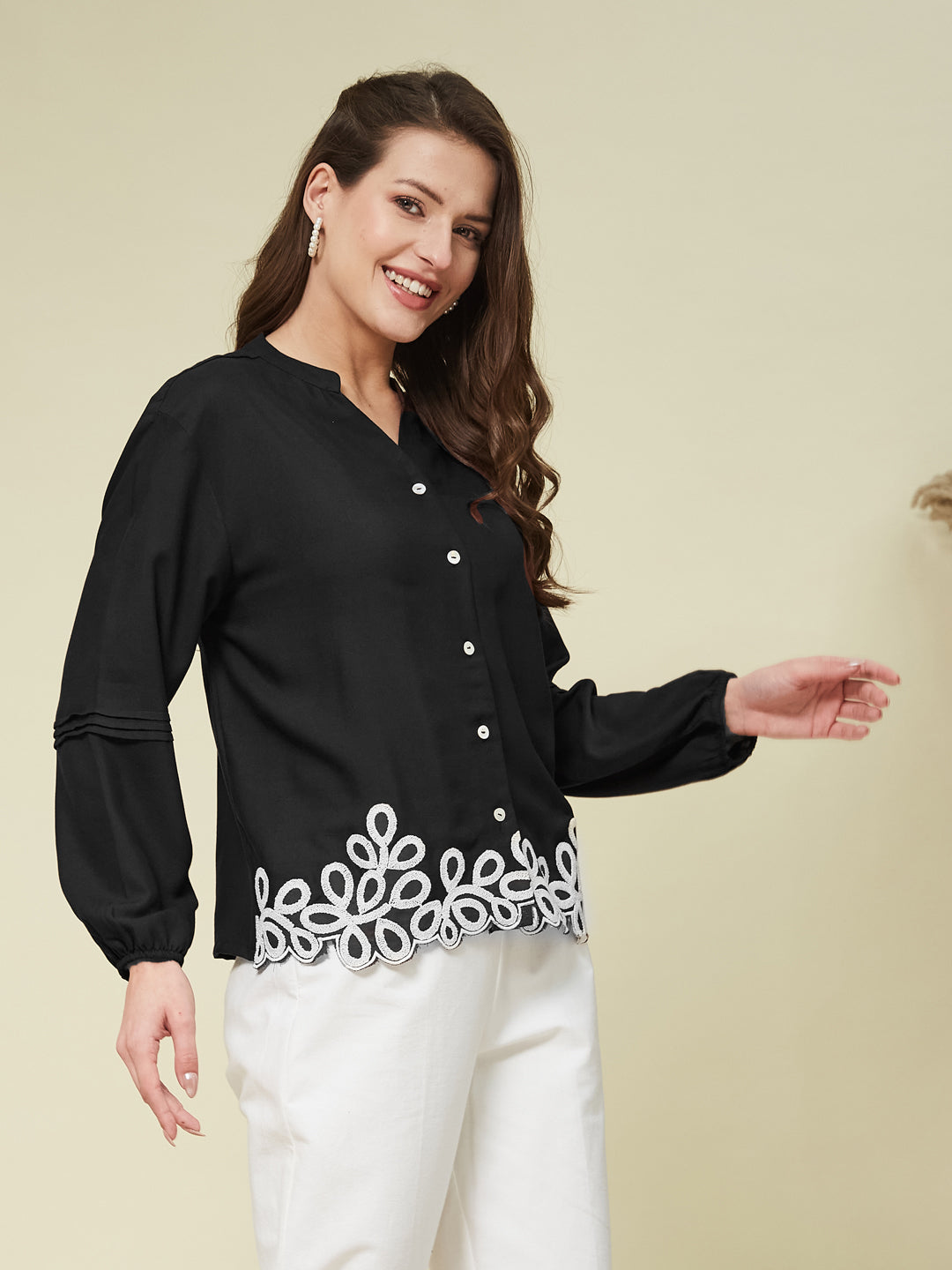 Black Embroidered Full Sleeves Regular Rayon Shirt