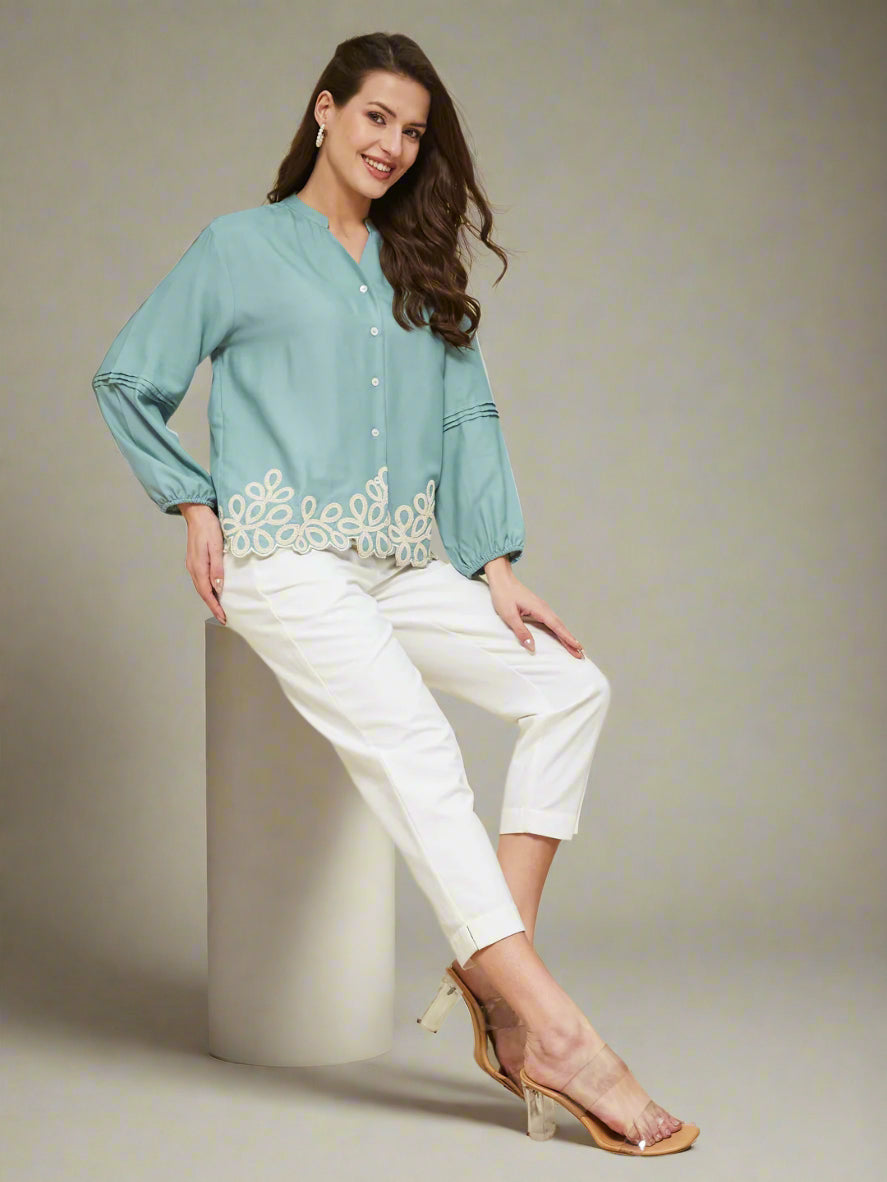 Sky Blue Embroidered Full Sleeves Regular Rayon Shirt