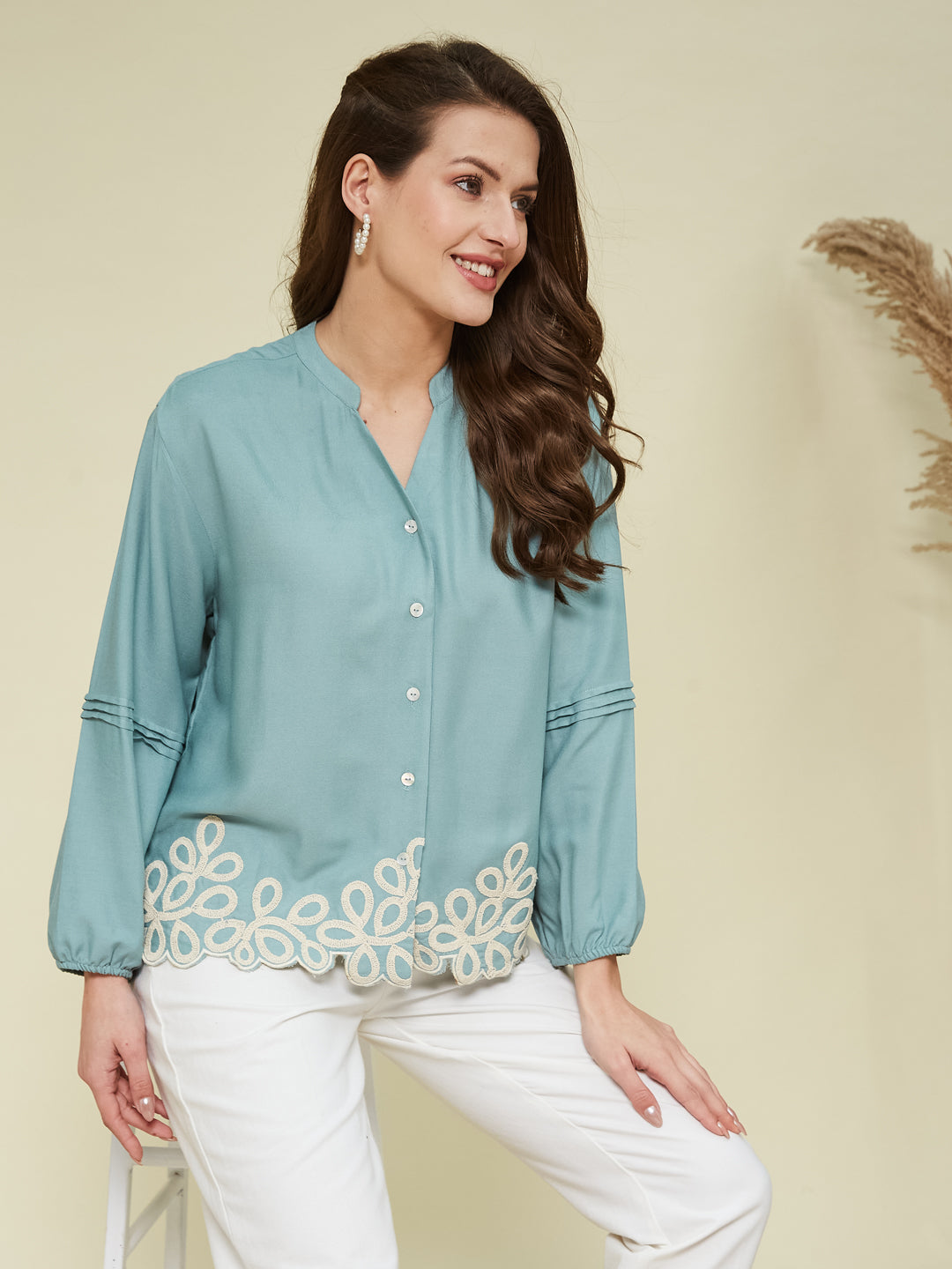 Sky Blue Embroidered Full Sleeves Regular Rayon Shirt