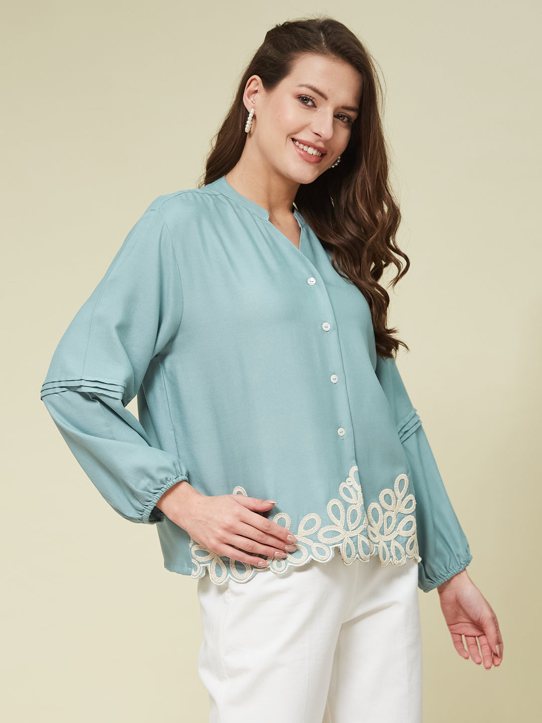 Sky Blue Embroidered Full Sleeves Regular Rayon Shirt
