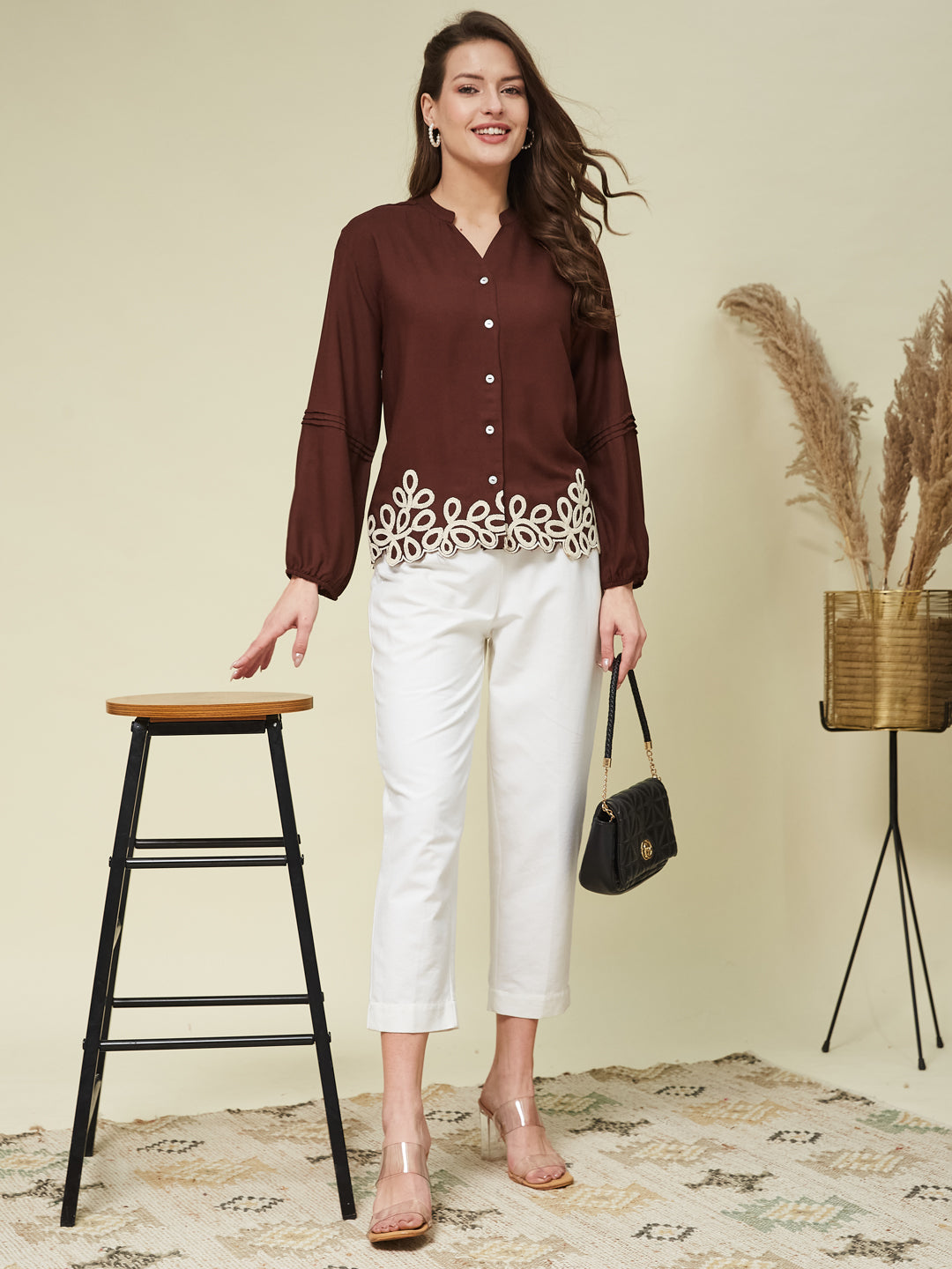 Coffee Embroidered Full Sleeves Regular Rayon Shirt