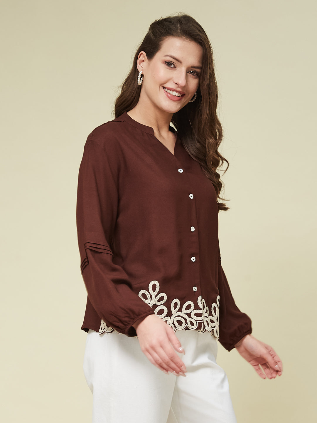Coffee Embroidered Full Sleeves Regular Rayon Shirt