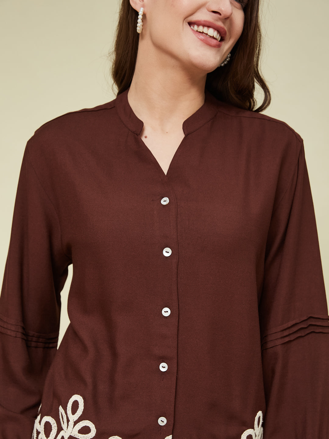 Coffee Embroidered Full Sleeves Regular Rayon Shirt