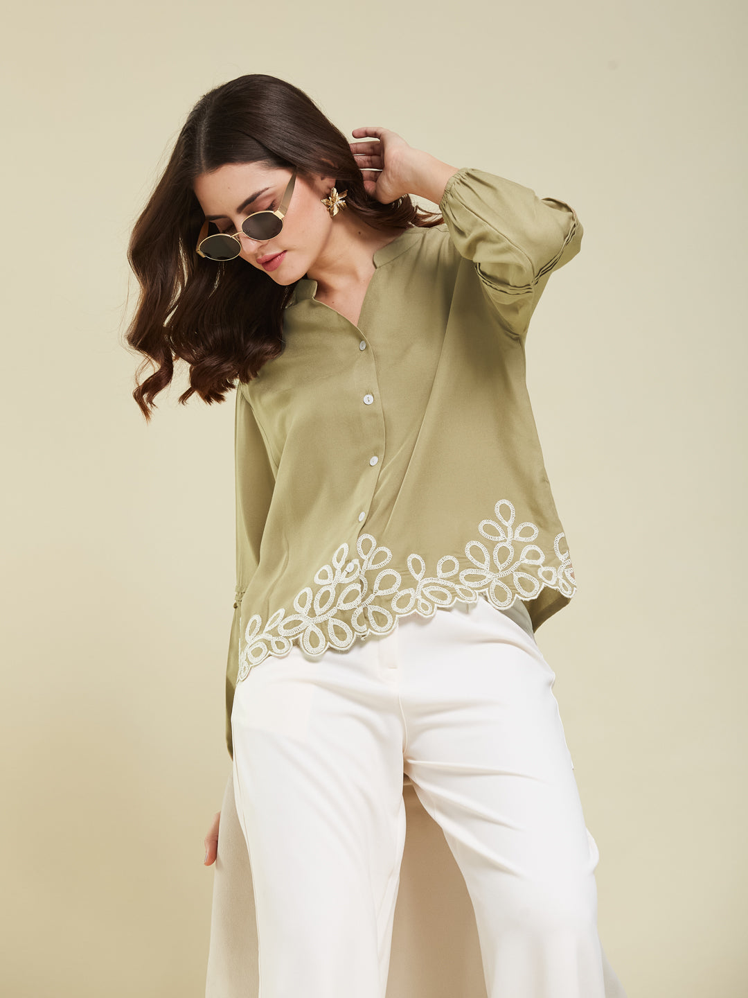 Khaki Embroidered Full Sleeves Regular Rayon Shirt