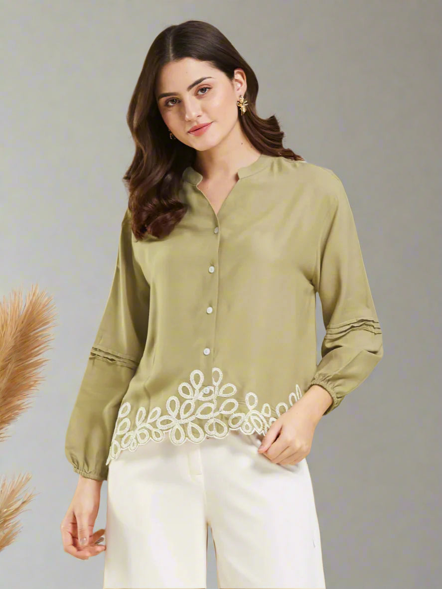 Khaki Embroidered Full Sleeves Regular Rayon Shirt