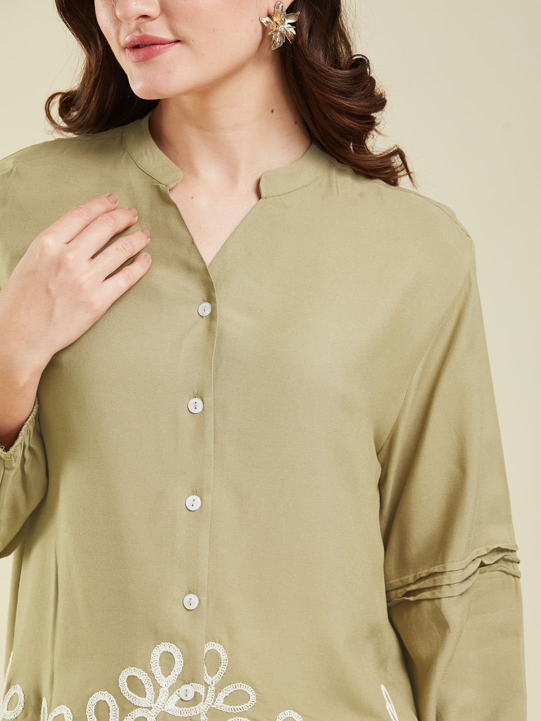 Khaki Embroidered Full Sleeves Regular Rayon Shirt