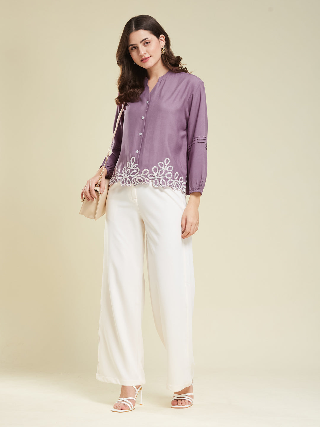 Lavender Embroidered Full Sleeves Regular Rayon Shirt