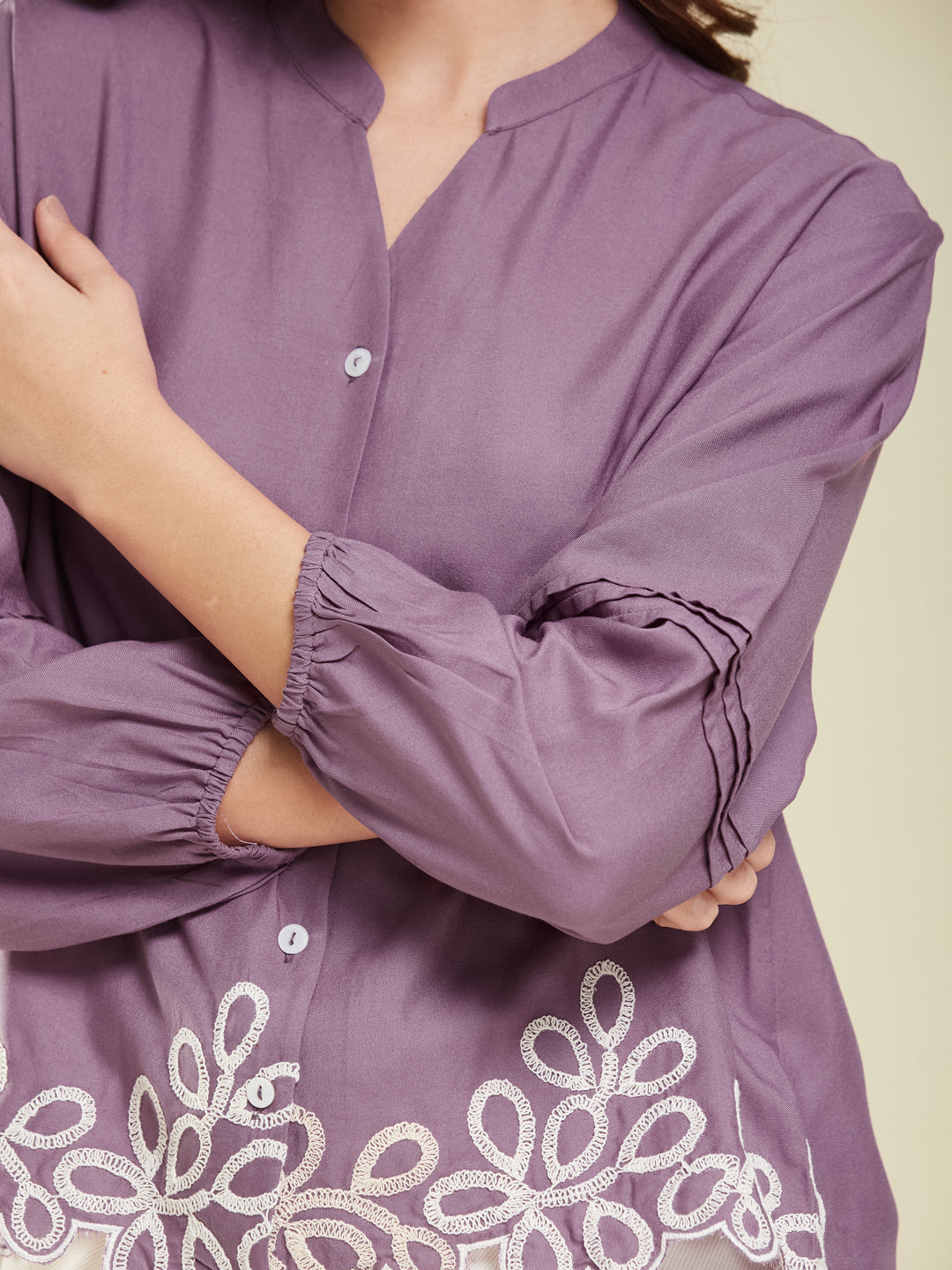 Lavender Embroidered Full Sleeves Regular Rayon Shirt
