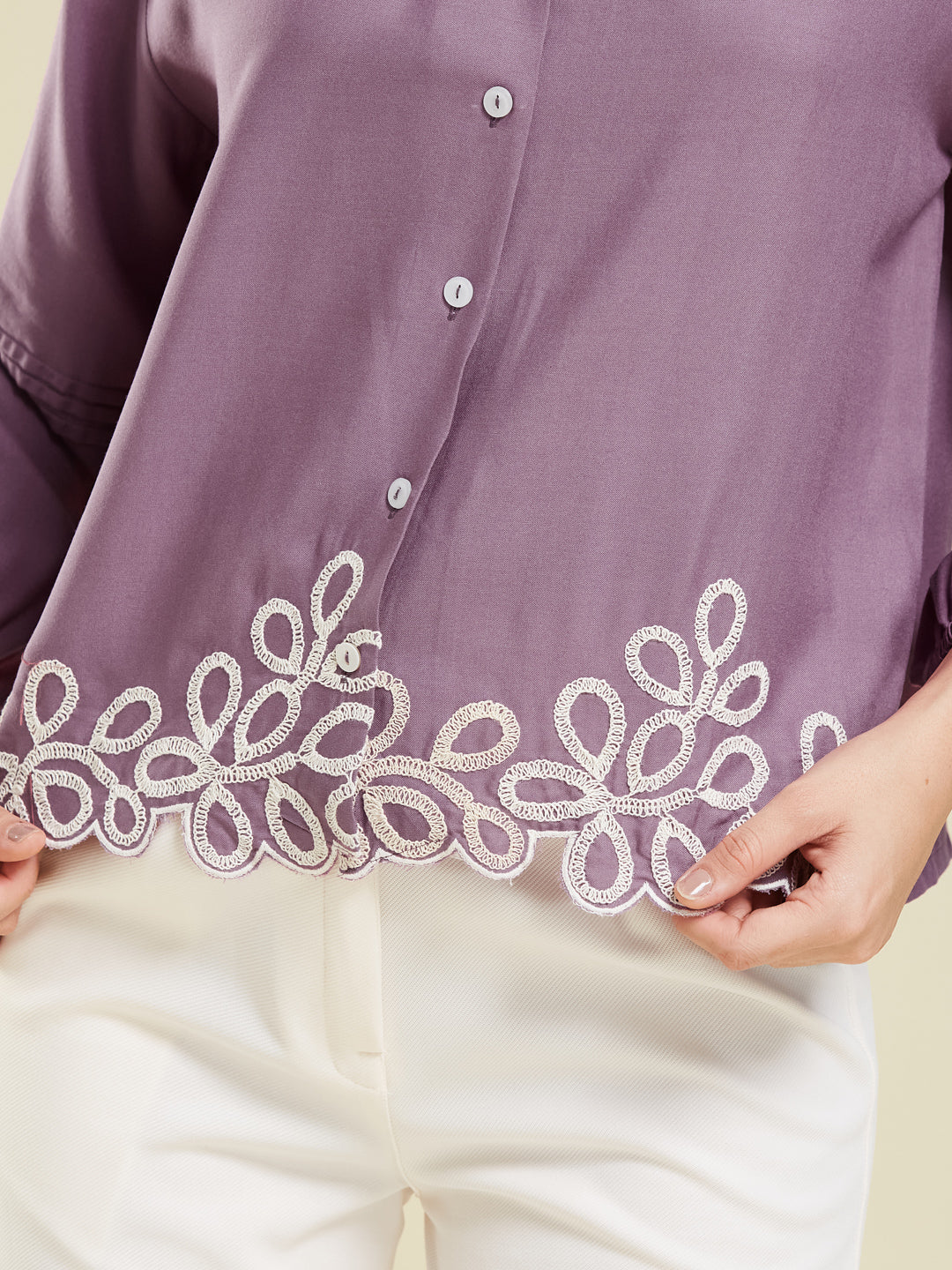 Lavender Embroidered Full Sleeves Regular Rayon Shirt