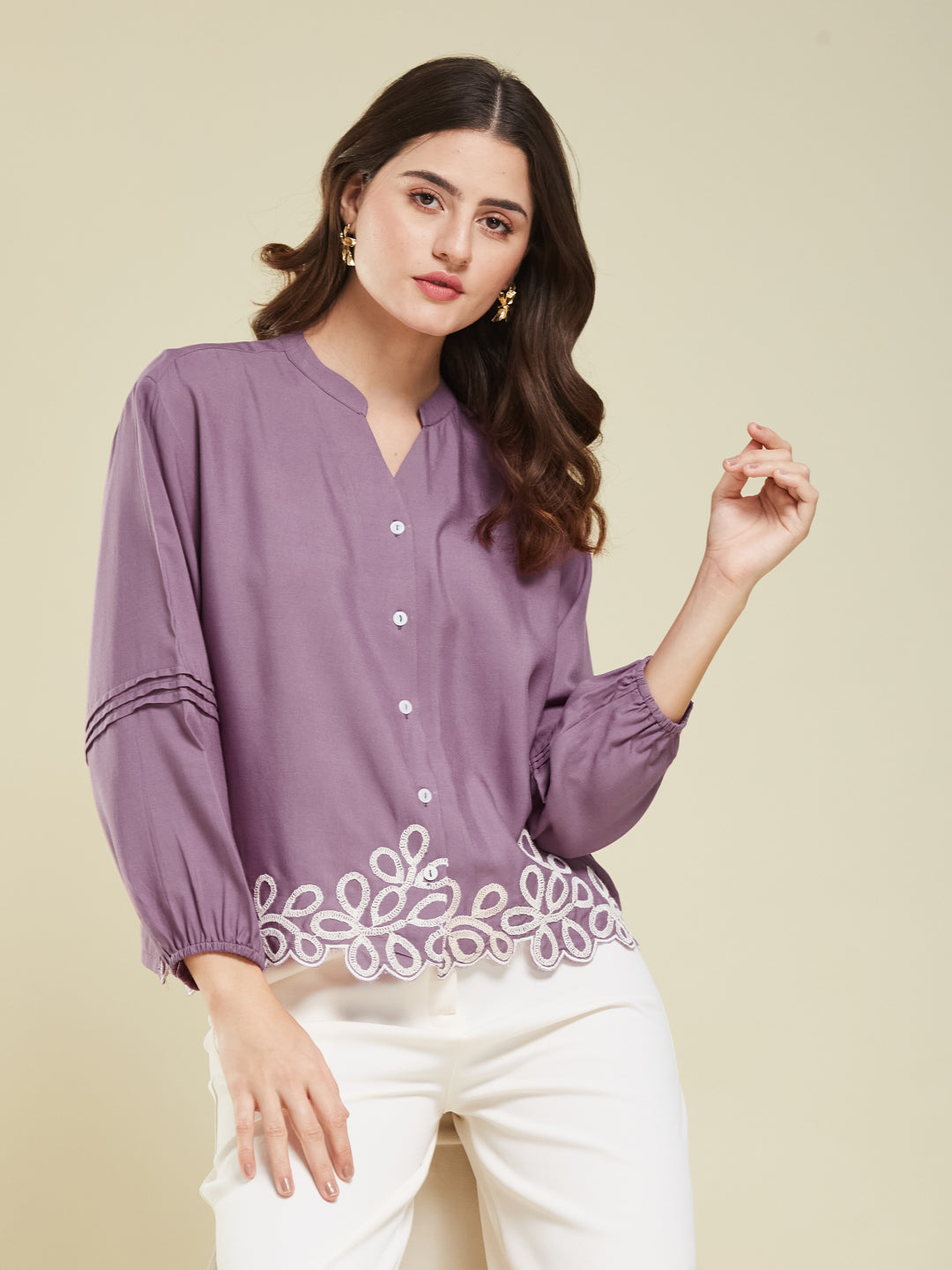 Lavender Embroidered Full Sleeves Regular Rayon Shirt
