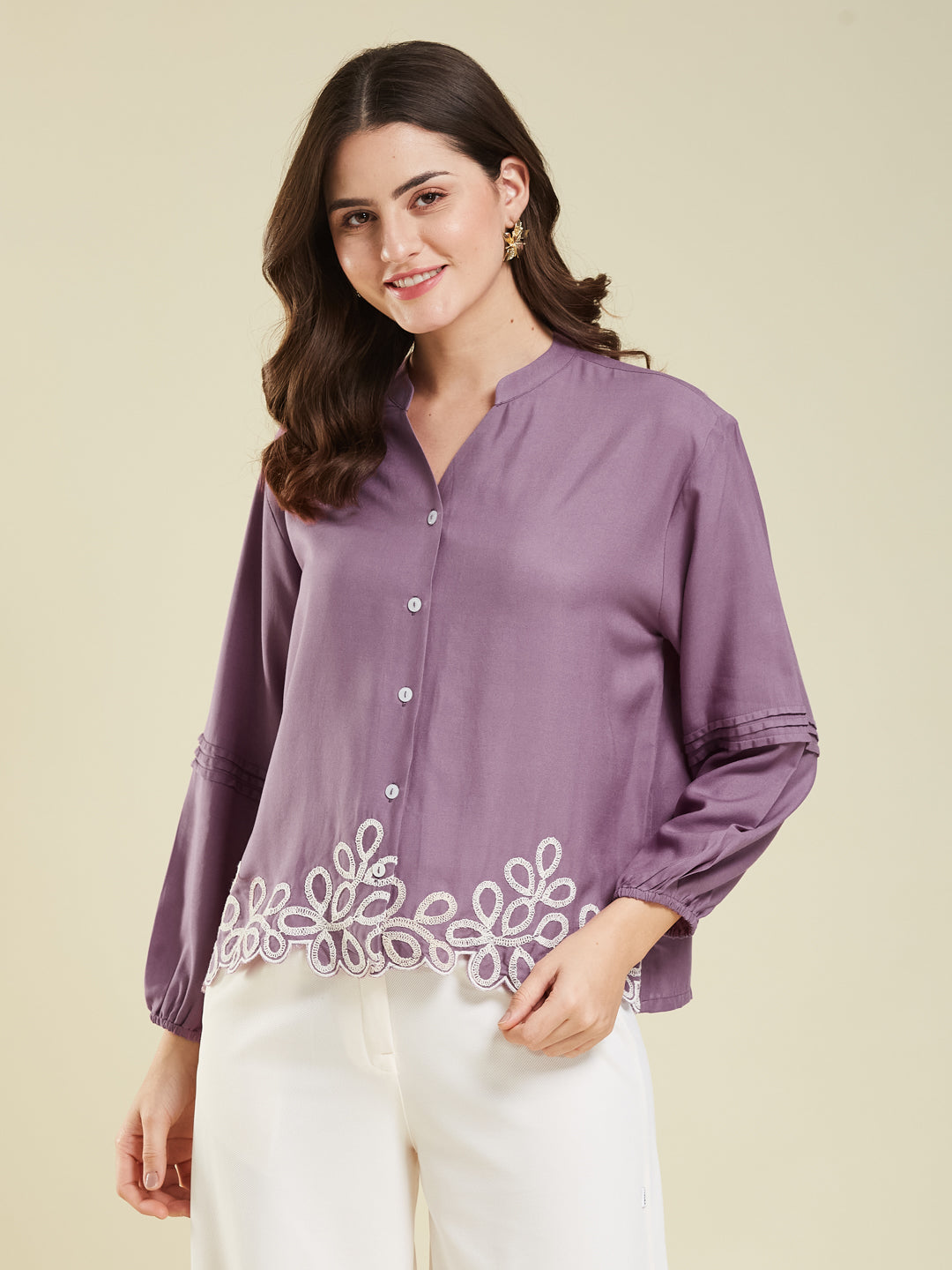 Lavender Embroidered Full Sleeves Regular Rayon Shirt
