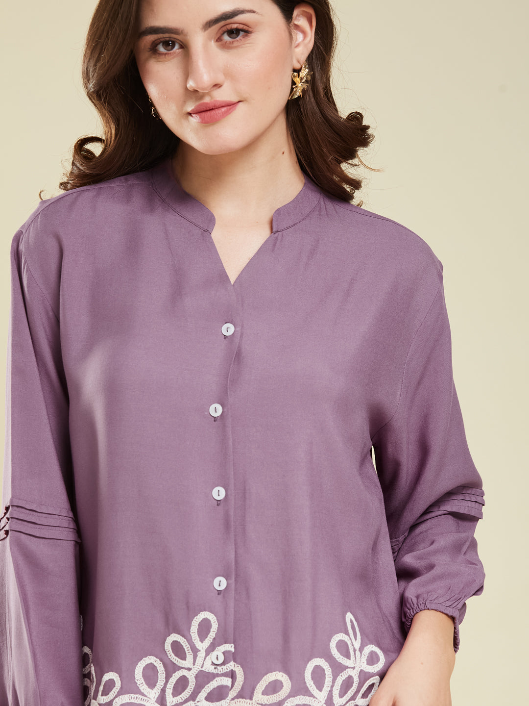 Lavender Embroidered Full Sleeves Regular Rayon Shirt