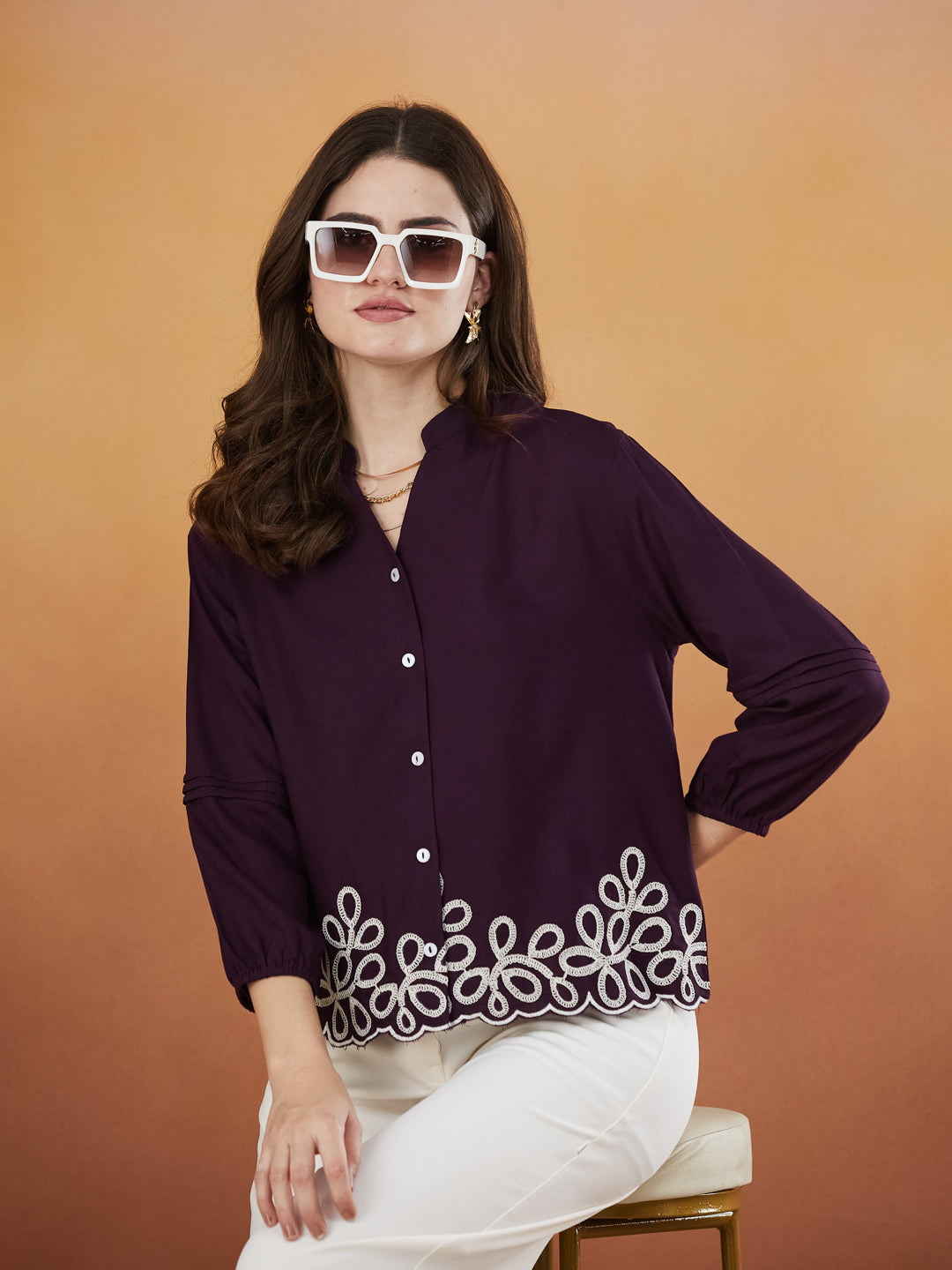 Wine Embroidered Full Sleeves Regular Rayon Shirt