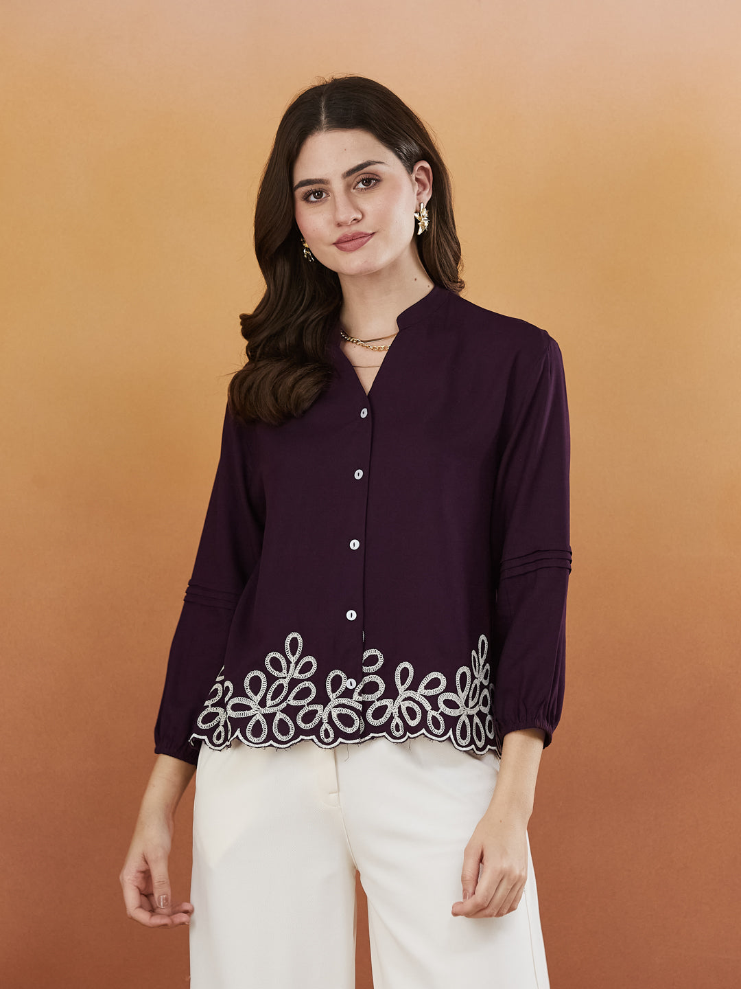 Wine Embroidered Full Sleeves Regular Rayon Shirt