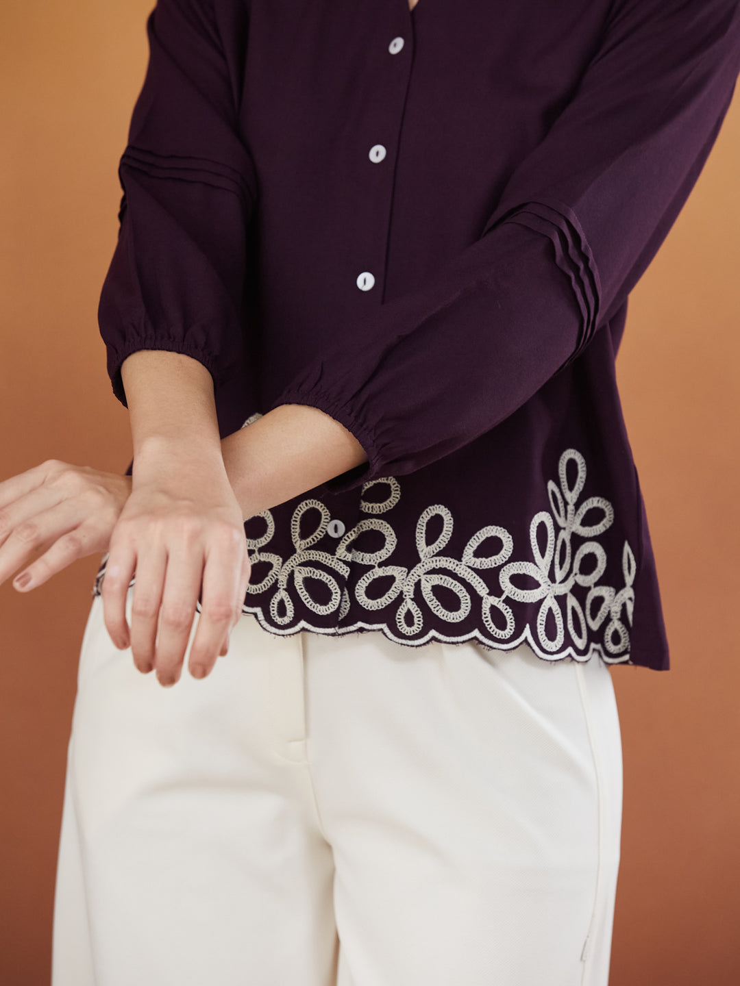 Wine Embroidered Full Sleeves Regular Rayon Shirt