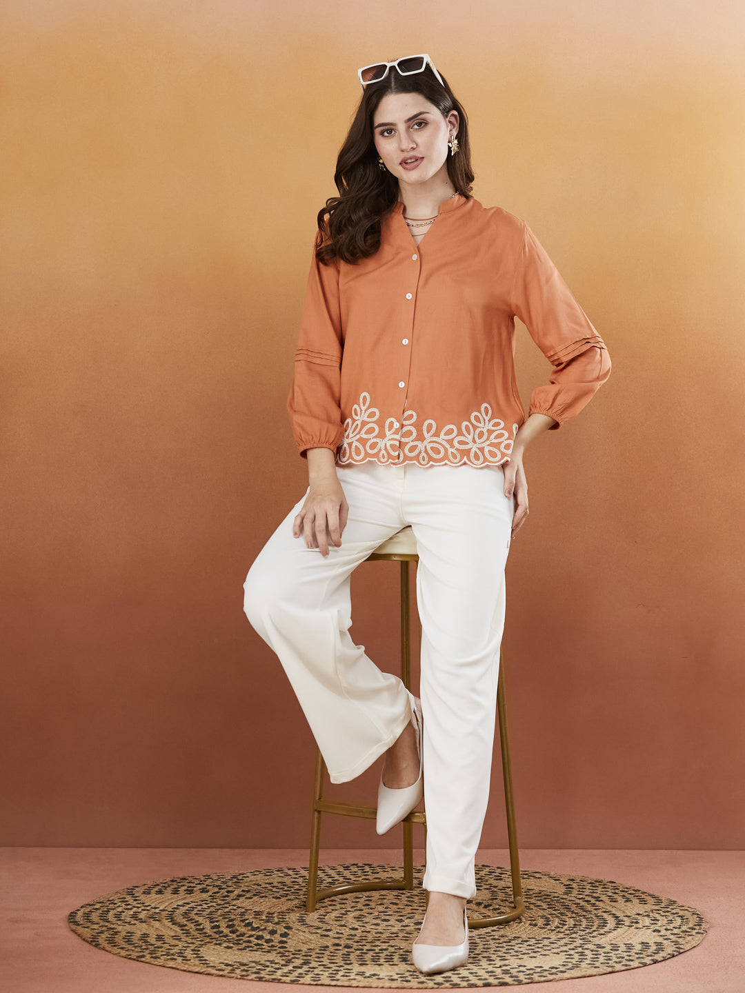 Peach Embroidered Full Sleeves Regular Rayon Shirt