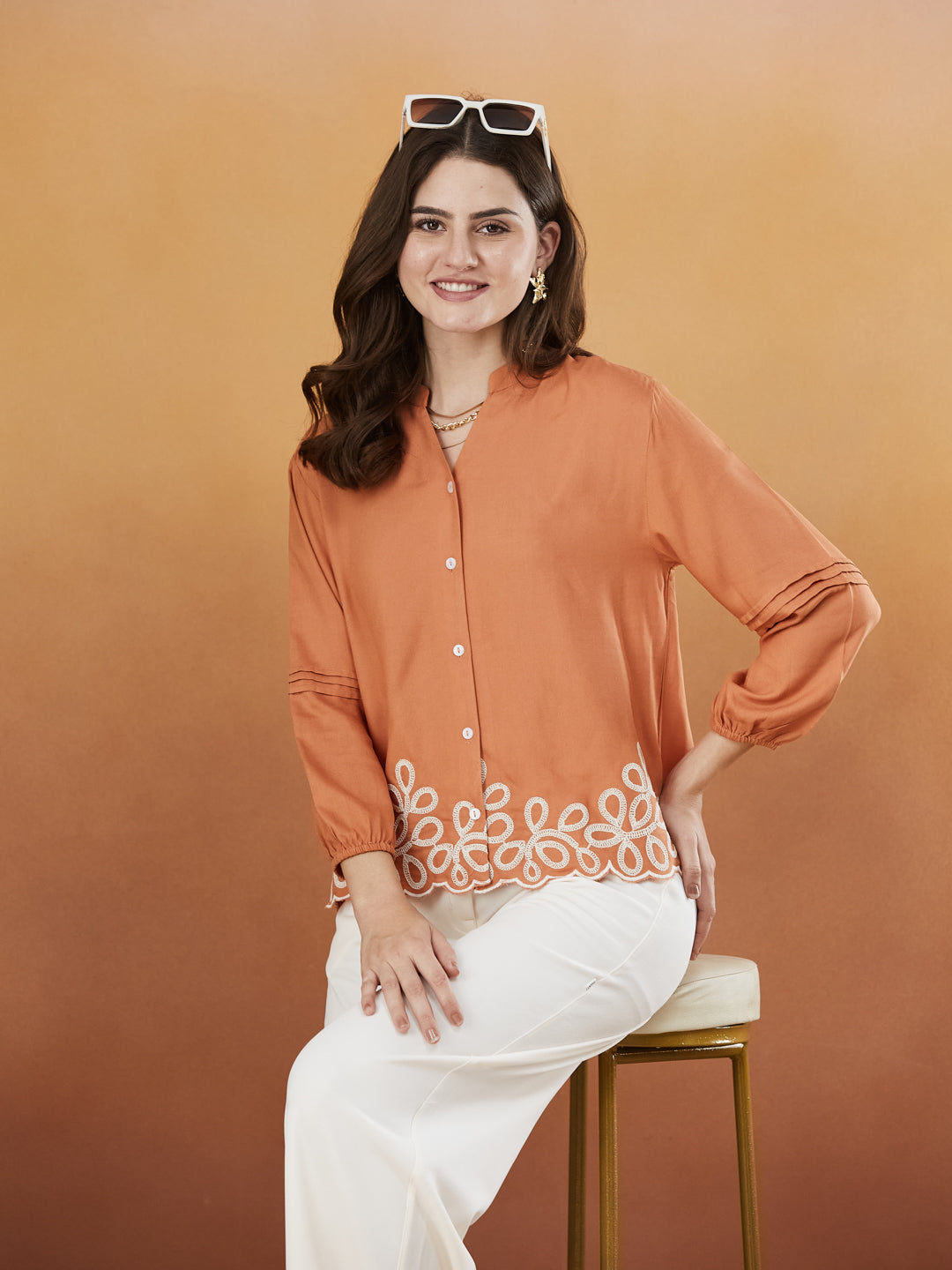 Peach Embroidered Full Sleeves Regular Rayon Shirt | frontside view
