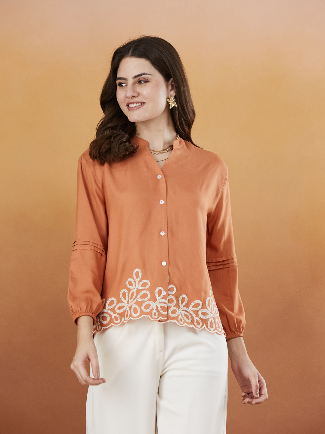 Peach Embroidered Full Sleeves Regular Rayon Shirt