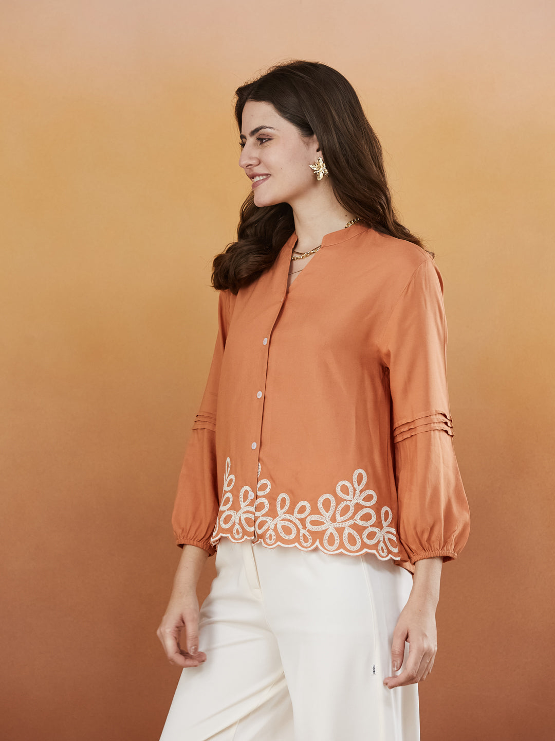 Peach Embroidered Full Sleeves Regular Rayon Shirt | rightside view