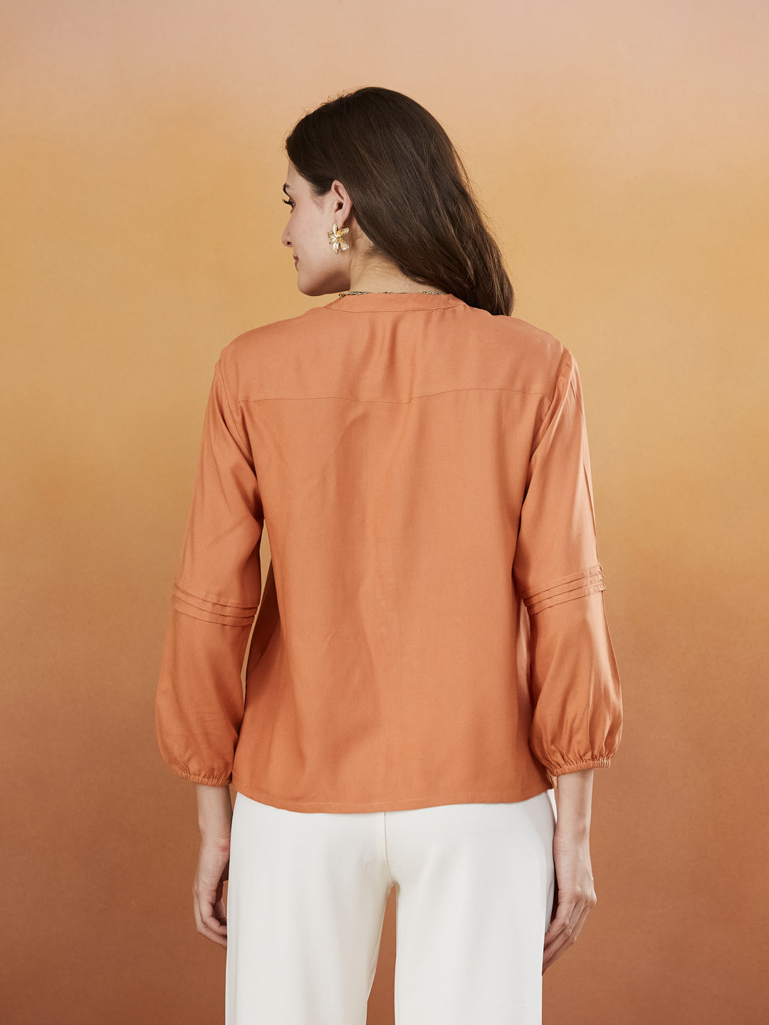 Peach Embroidered Full Sleeves Regular Rayon Shirt | backside view