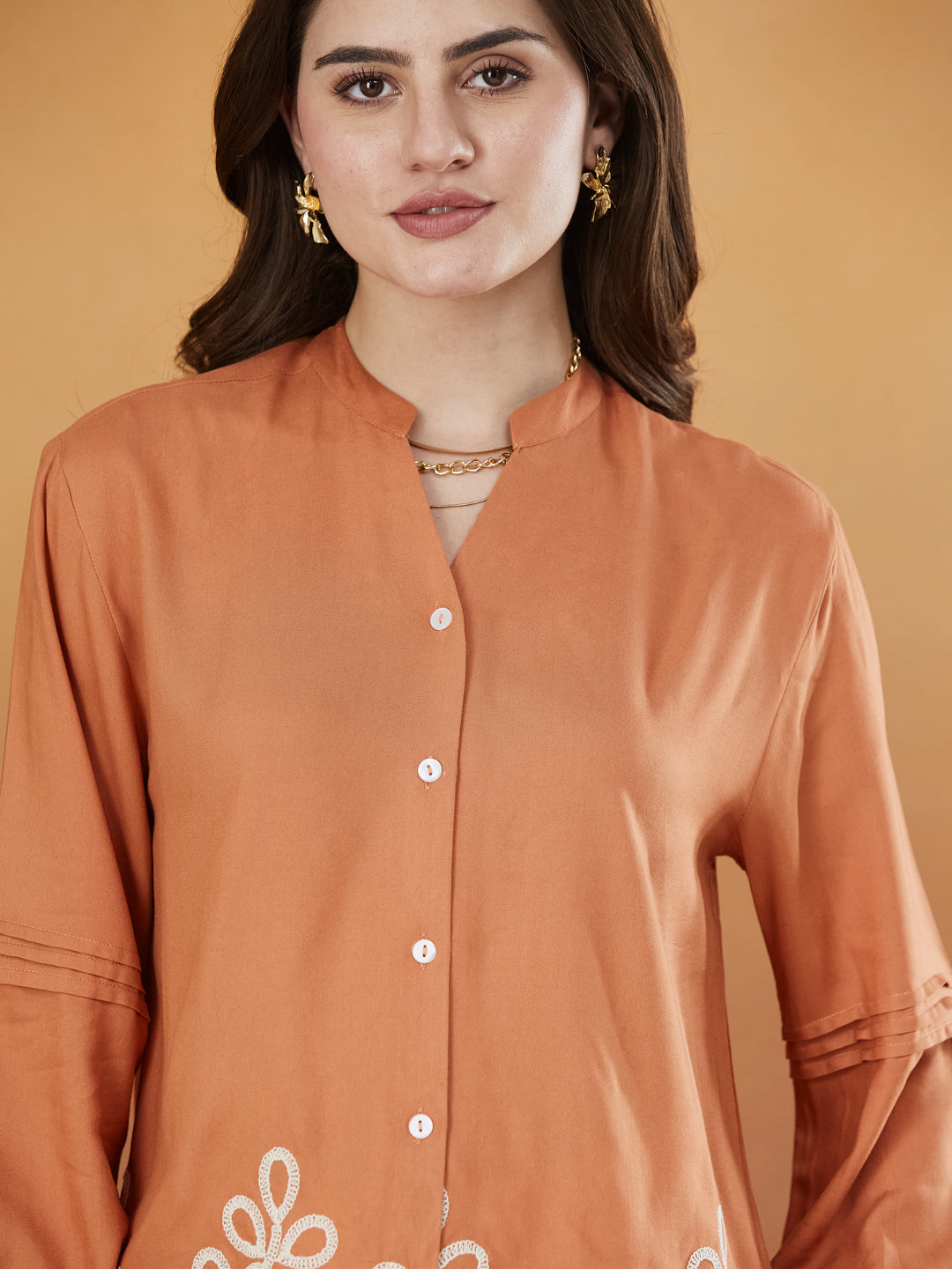Peach Embroidered Full Sleeves Regular Rayon Shirt | frontside zoom view