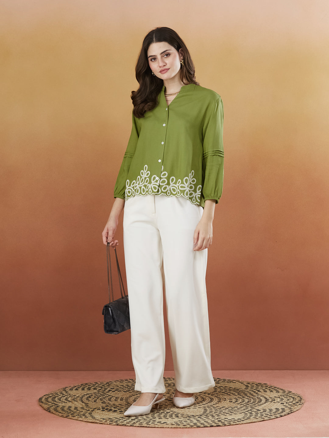 Green Embroidered Full Sleeves Regular Rayon Shirt