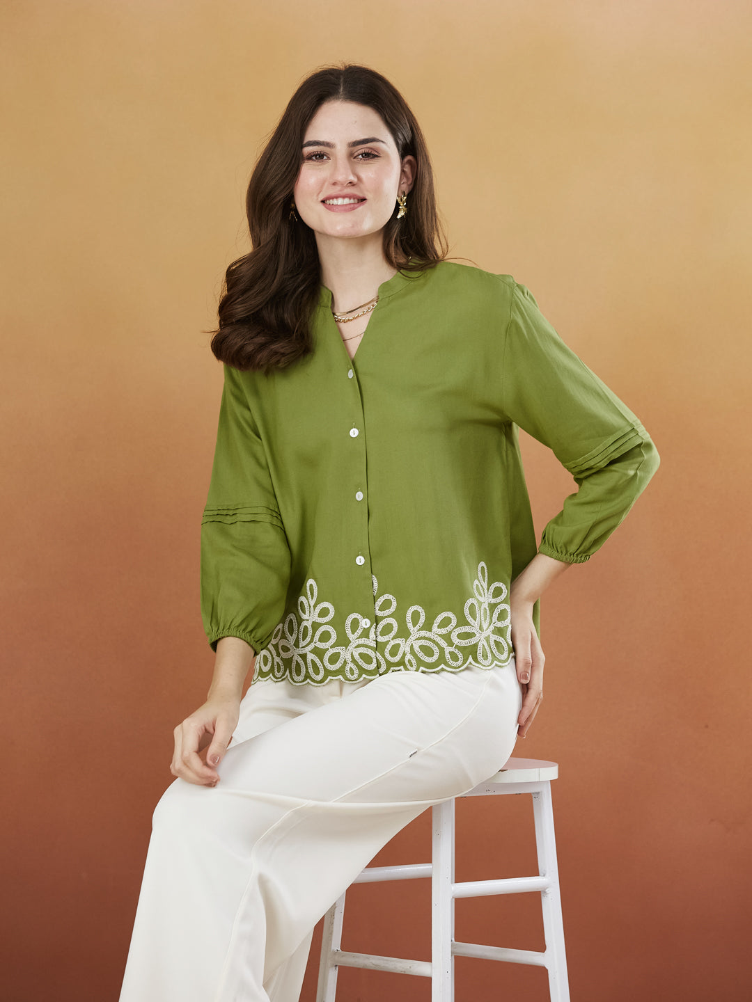 Green Embroidered Full Sleeves Regular Rayon Shirt
