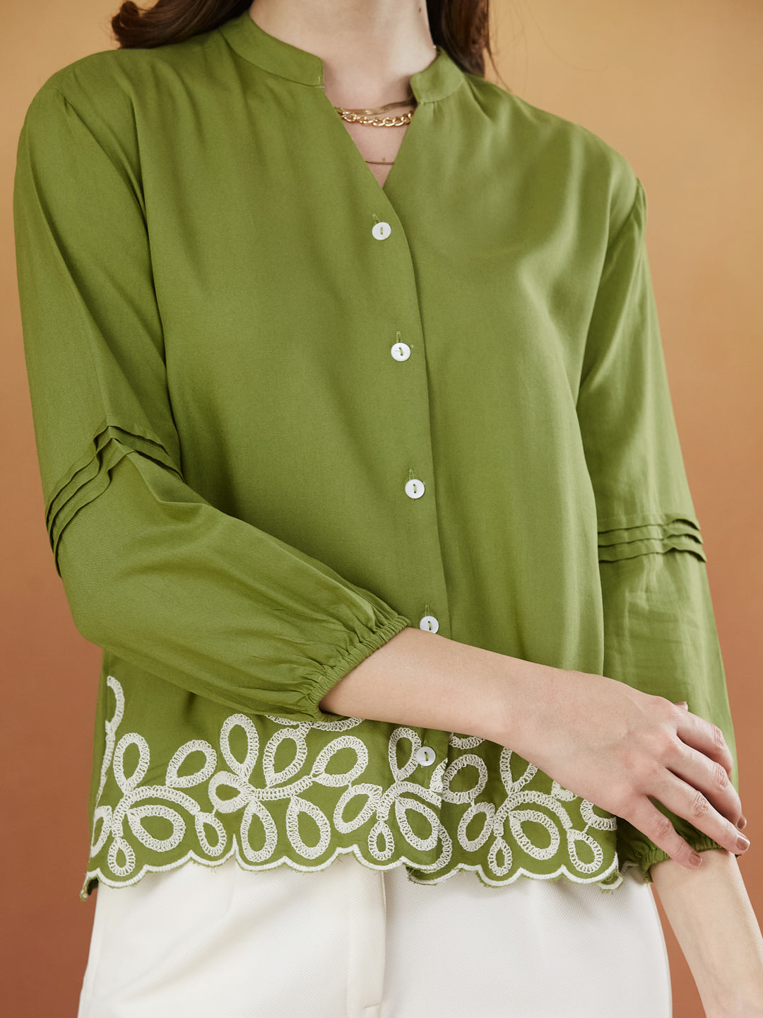 Green Embroidered Full Sleeves Regular Rayon Shirt