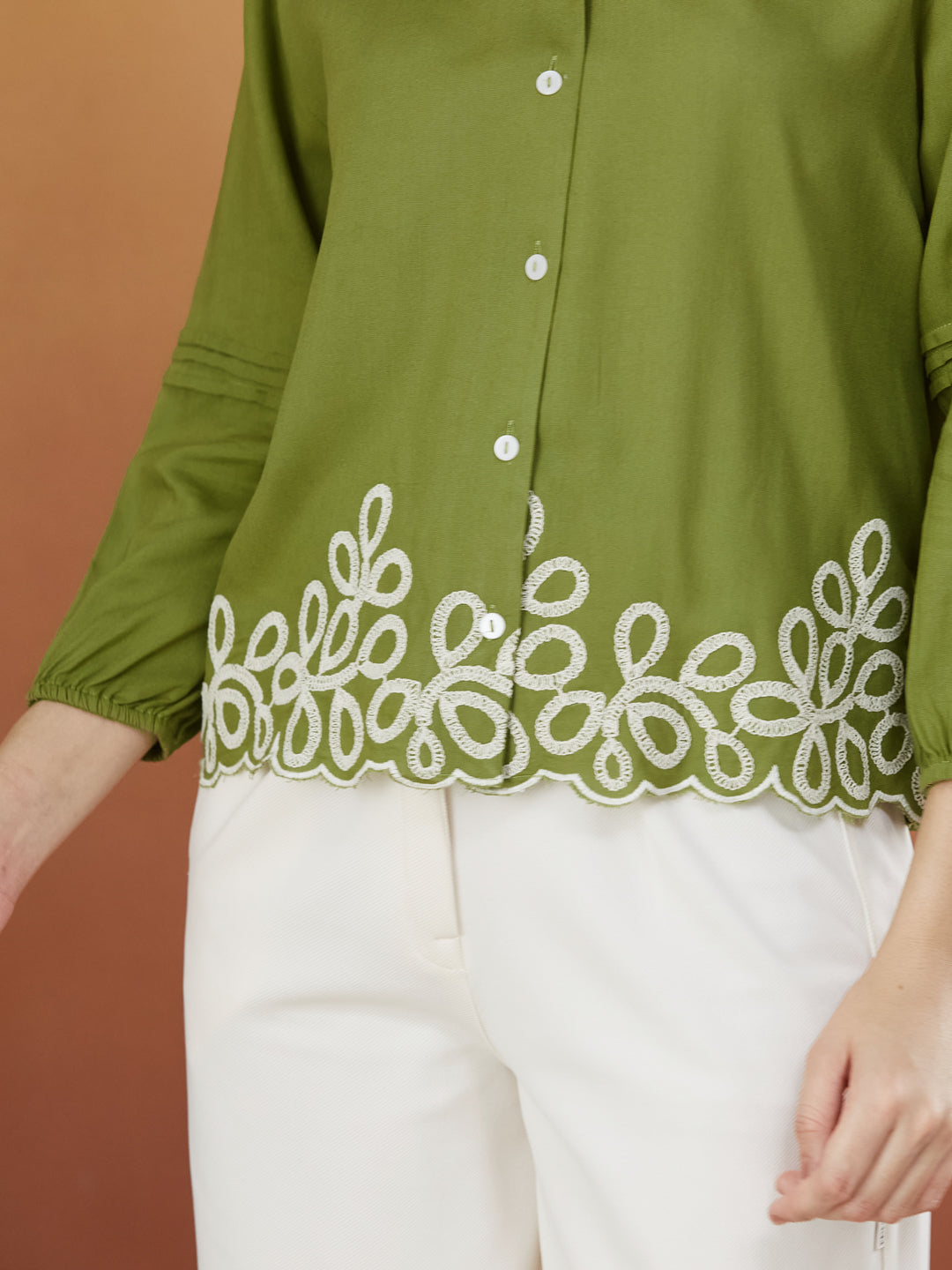 Green Embroidered Full Sleeves Regular Rayon Shirt
