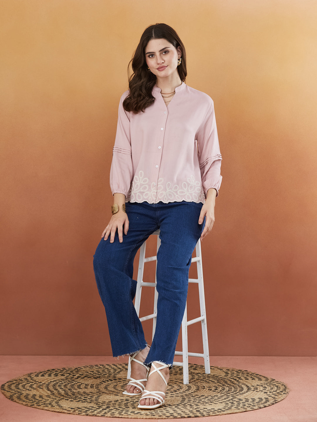 Pink Embroidered Full Sleeves Regular Rayon Shirt