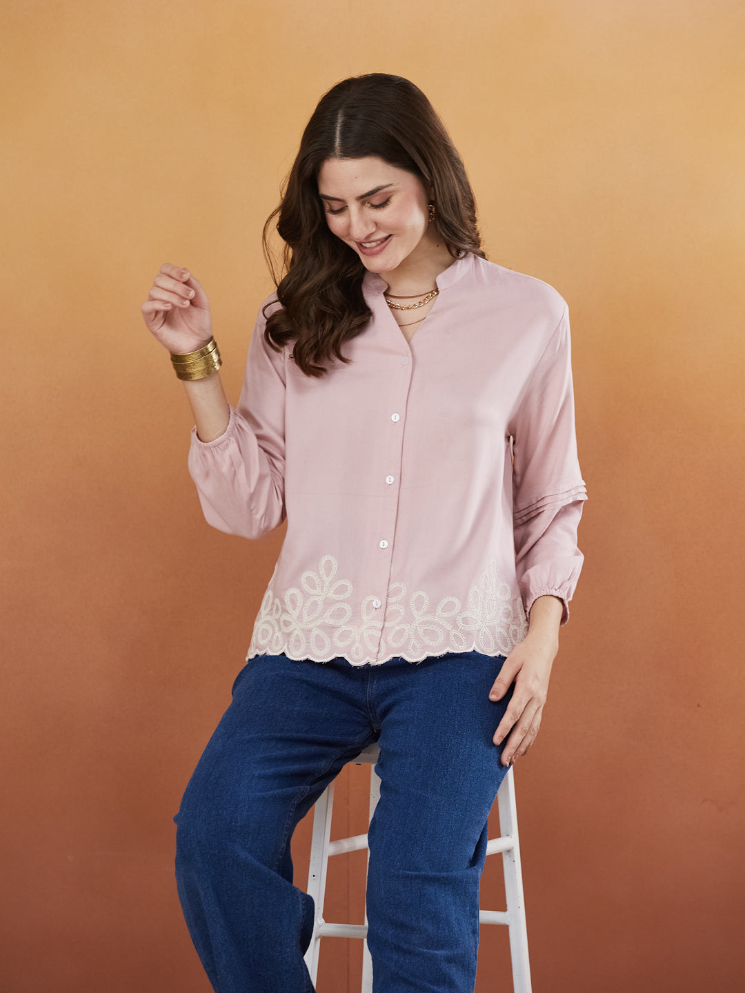 Pink Embroidered Full Sleeves Regular Rayon Shirt