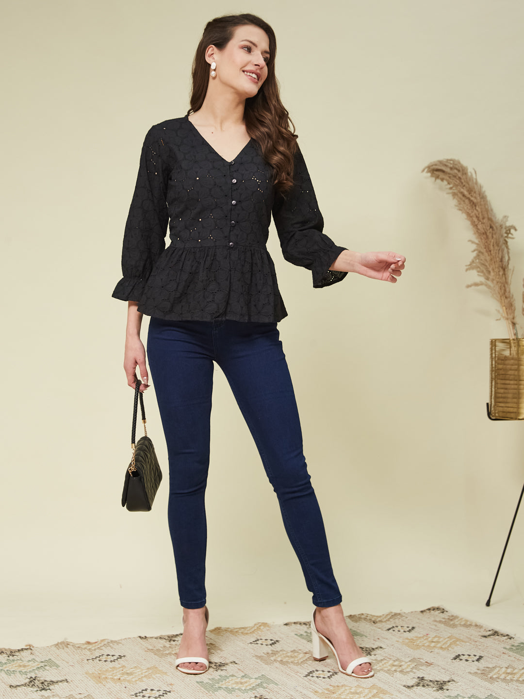 Black Cotton Shifly Top With Flared Sleeves