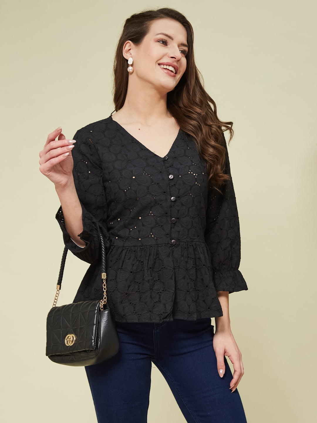Black Cotton Shifly Top With Flared Sleeves