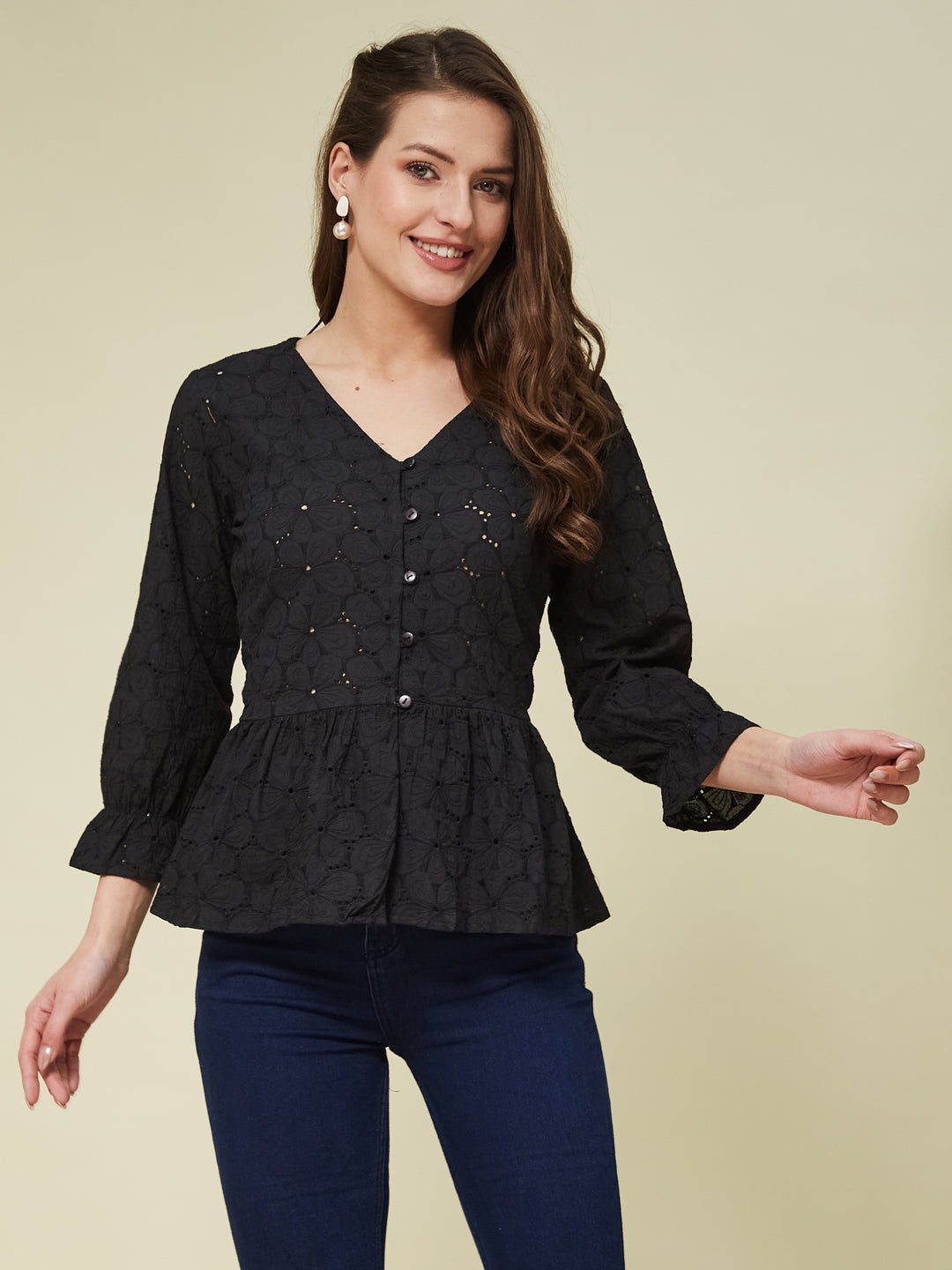 Black Cotton Shifly Top With Flared Sleeves