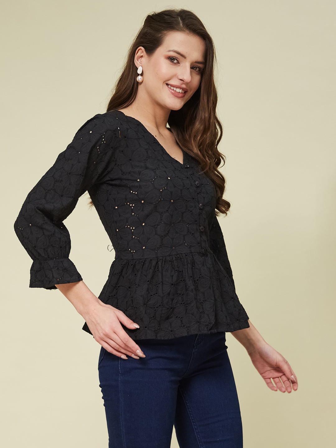 Black Cotton Shifly Top With Flared Sleeves