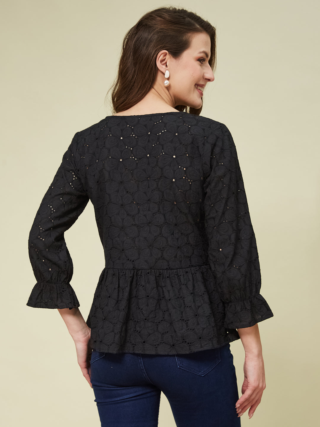 Black Cotton Shifly Top With Flared Sleeves