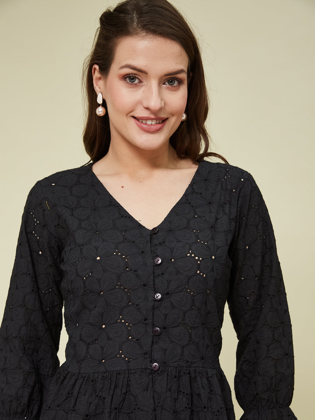Black Cotton Shifly Top With Flared Sleeves