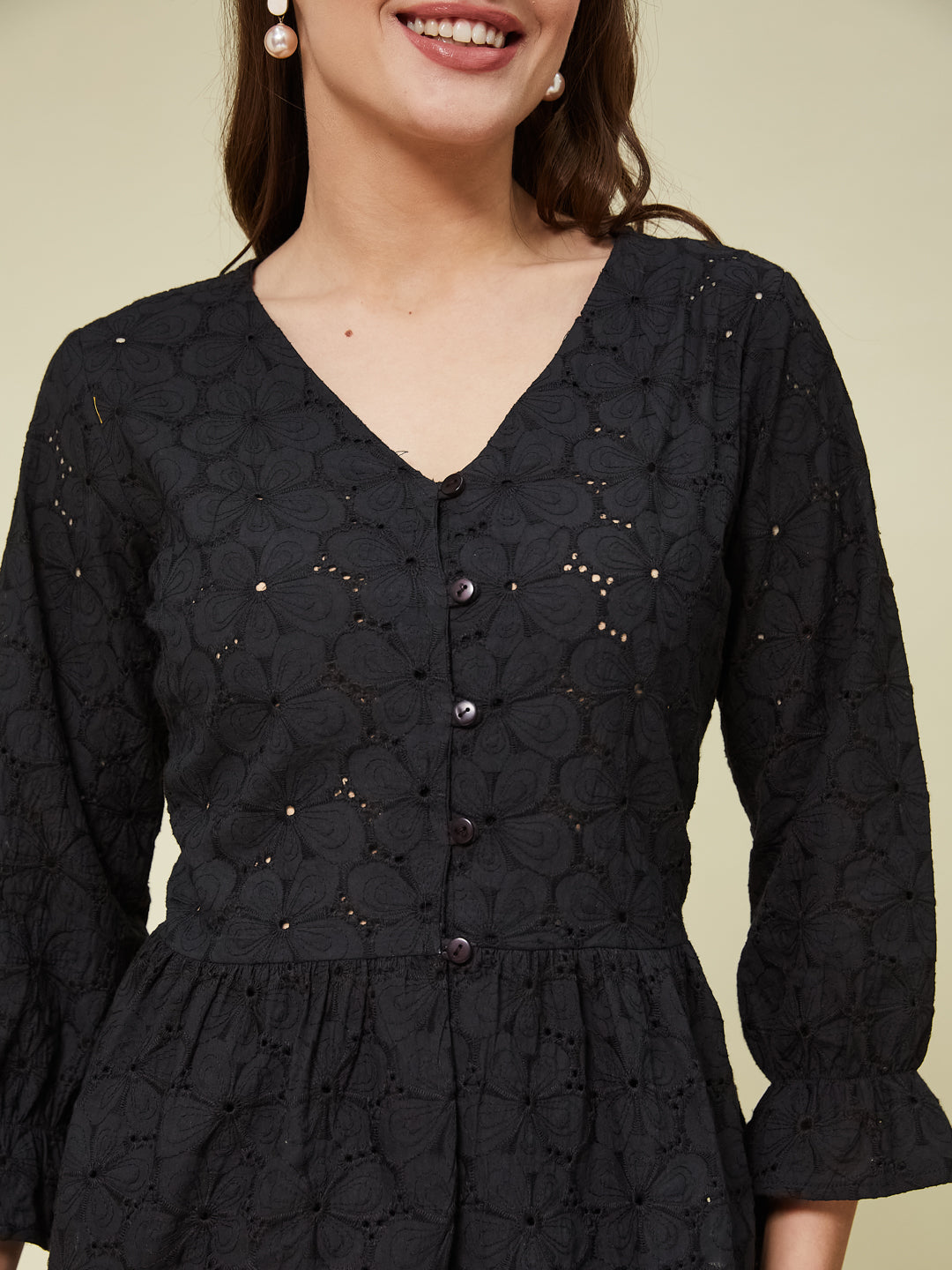 Black Cotton Shifly Top With Flared Sleeves