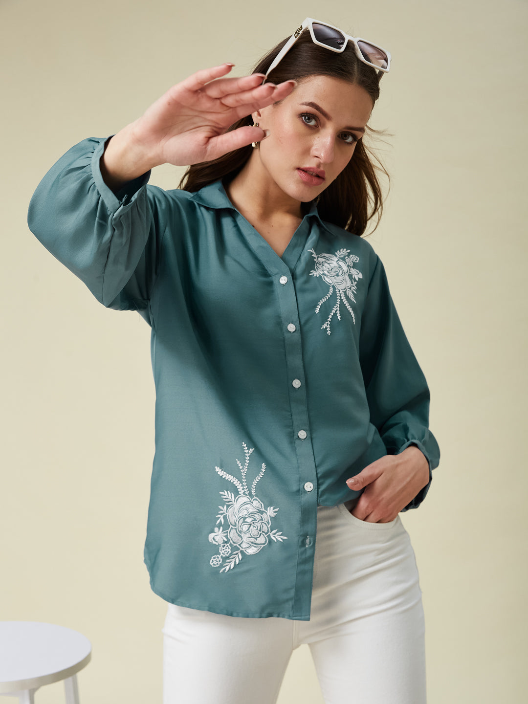 Denim Blue Embroidered Full Sleeve Shirt for Women
