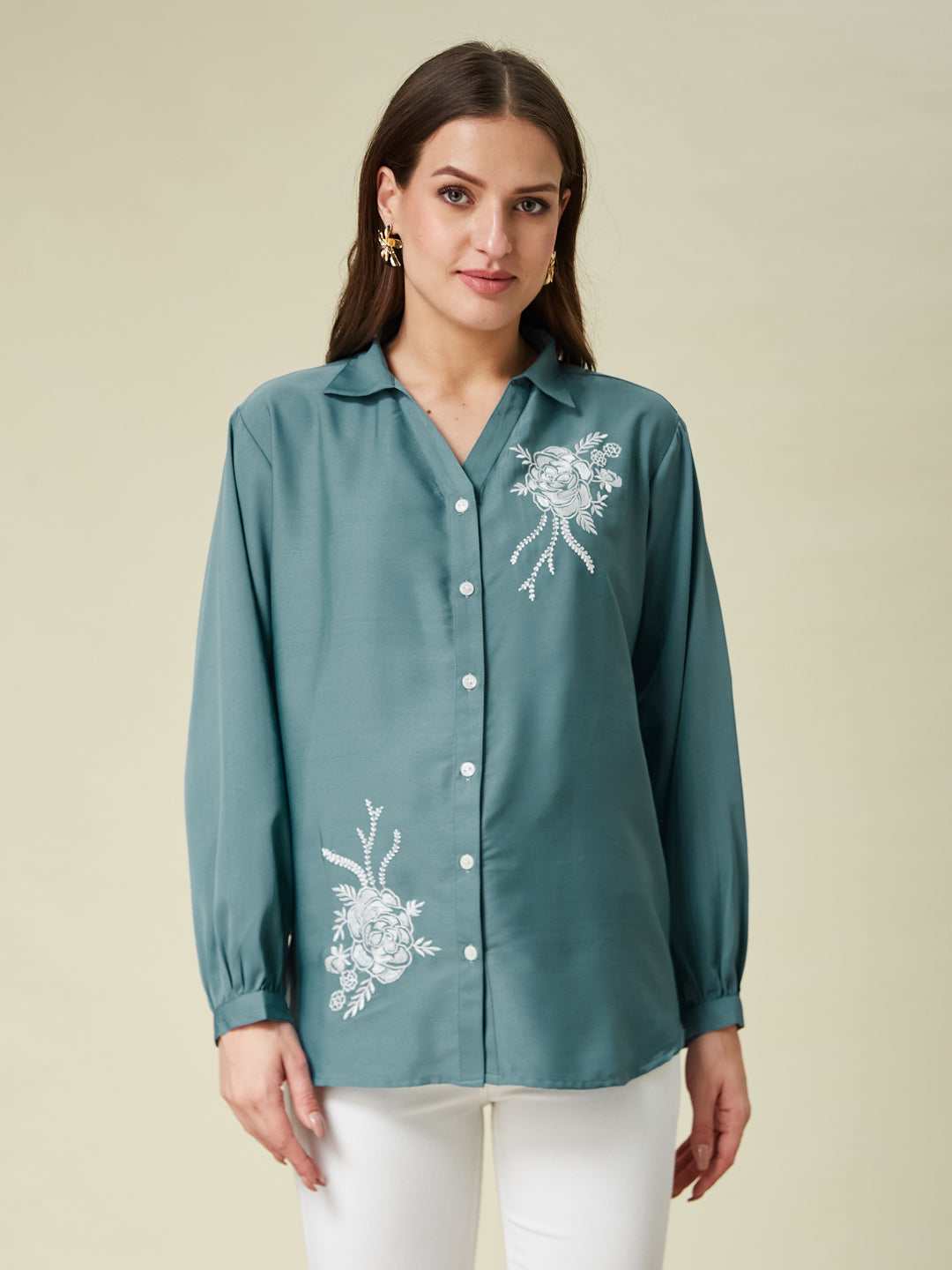 Denim Blue Embroidered Full Sleeve Shirt for Women