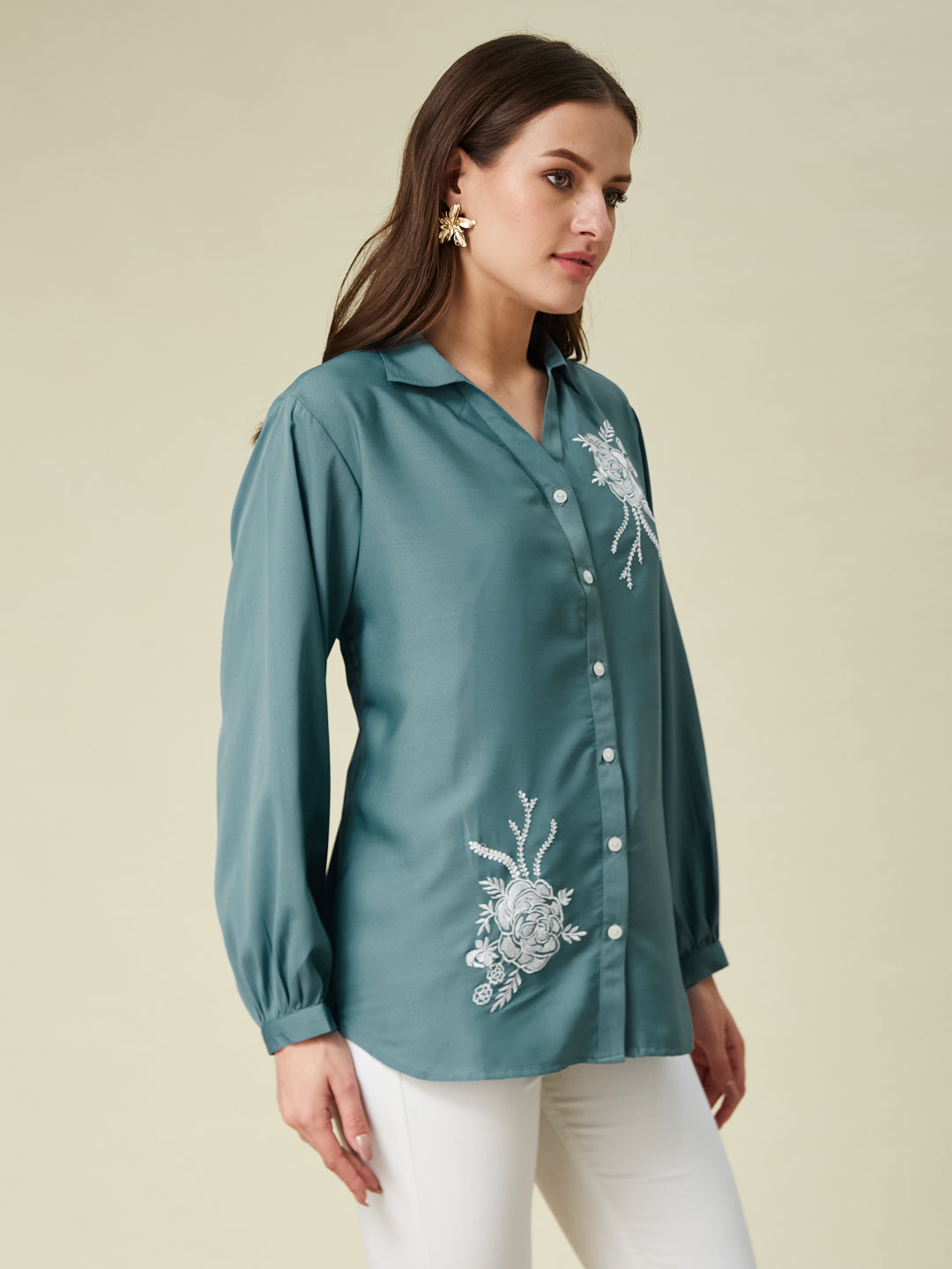 Denim Blue Embroidered Full Sleeve Shirt for Women