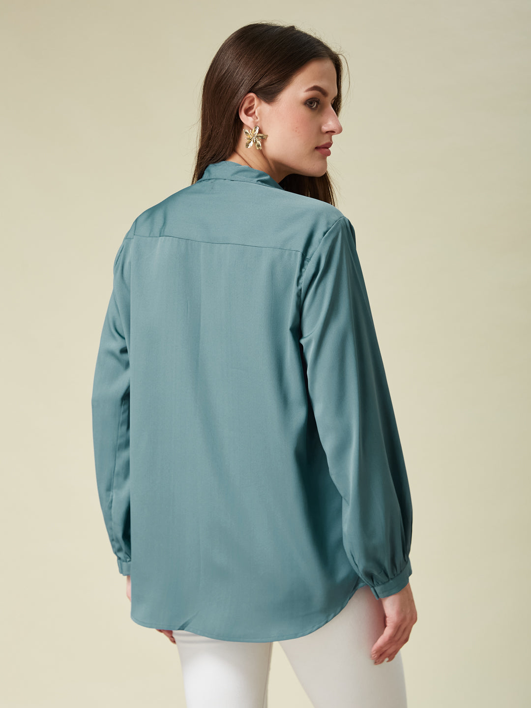Denim Blue Embroidered Full Sleeve Shirt for Women