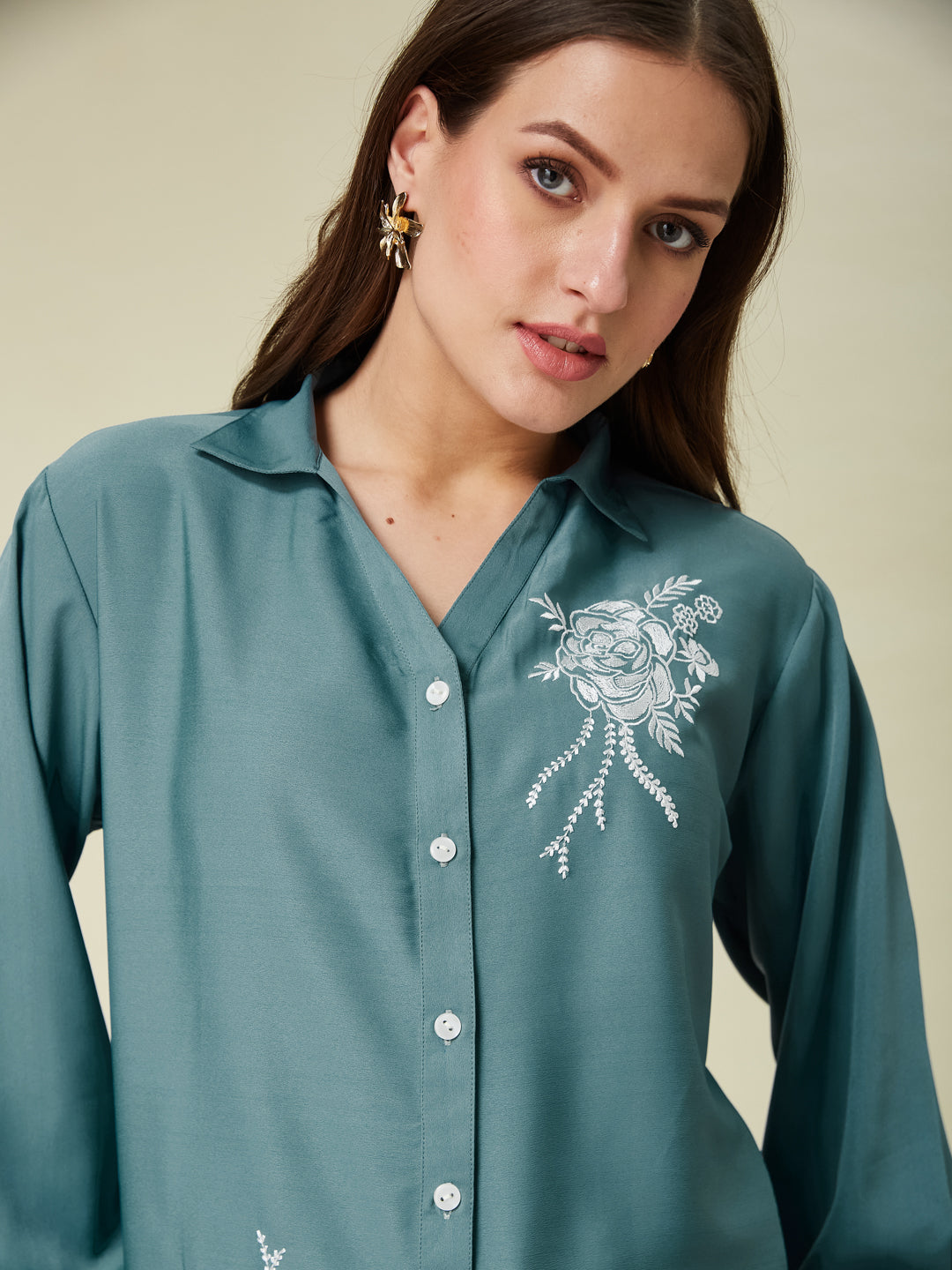 Denim Blue Embroidered Full Sleeve Shirt for Women
