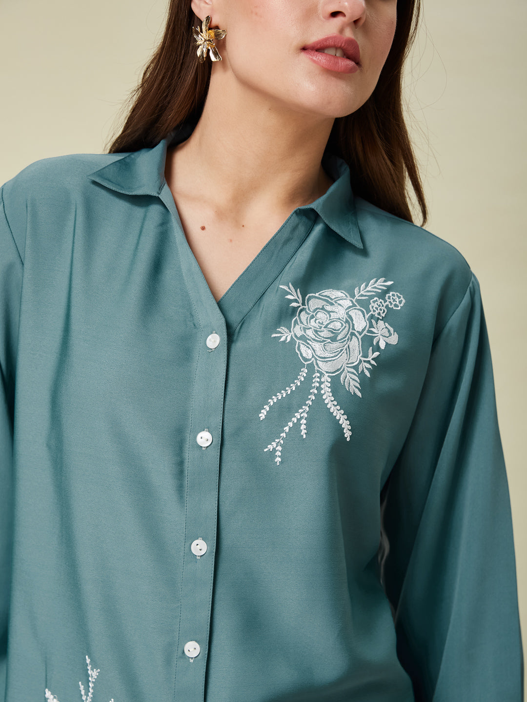 Denim Blue Embroidered Full Sleeve Shirt for Women