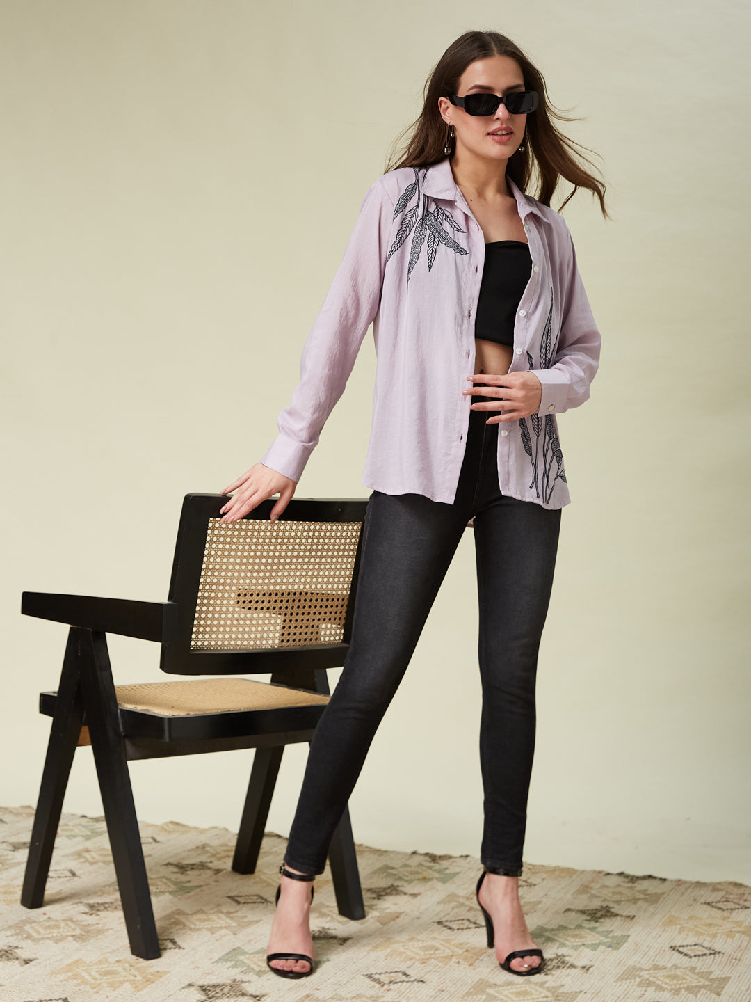 Pink floral print trendy Plain Regular women full sleeve shirt