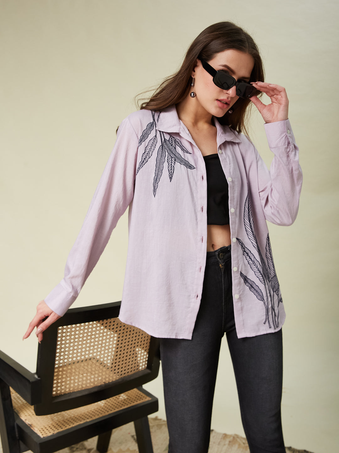 Pink floral print trendy Plain Regular women full sleeve shirt