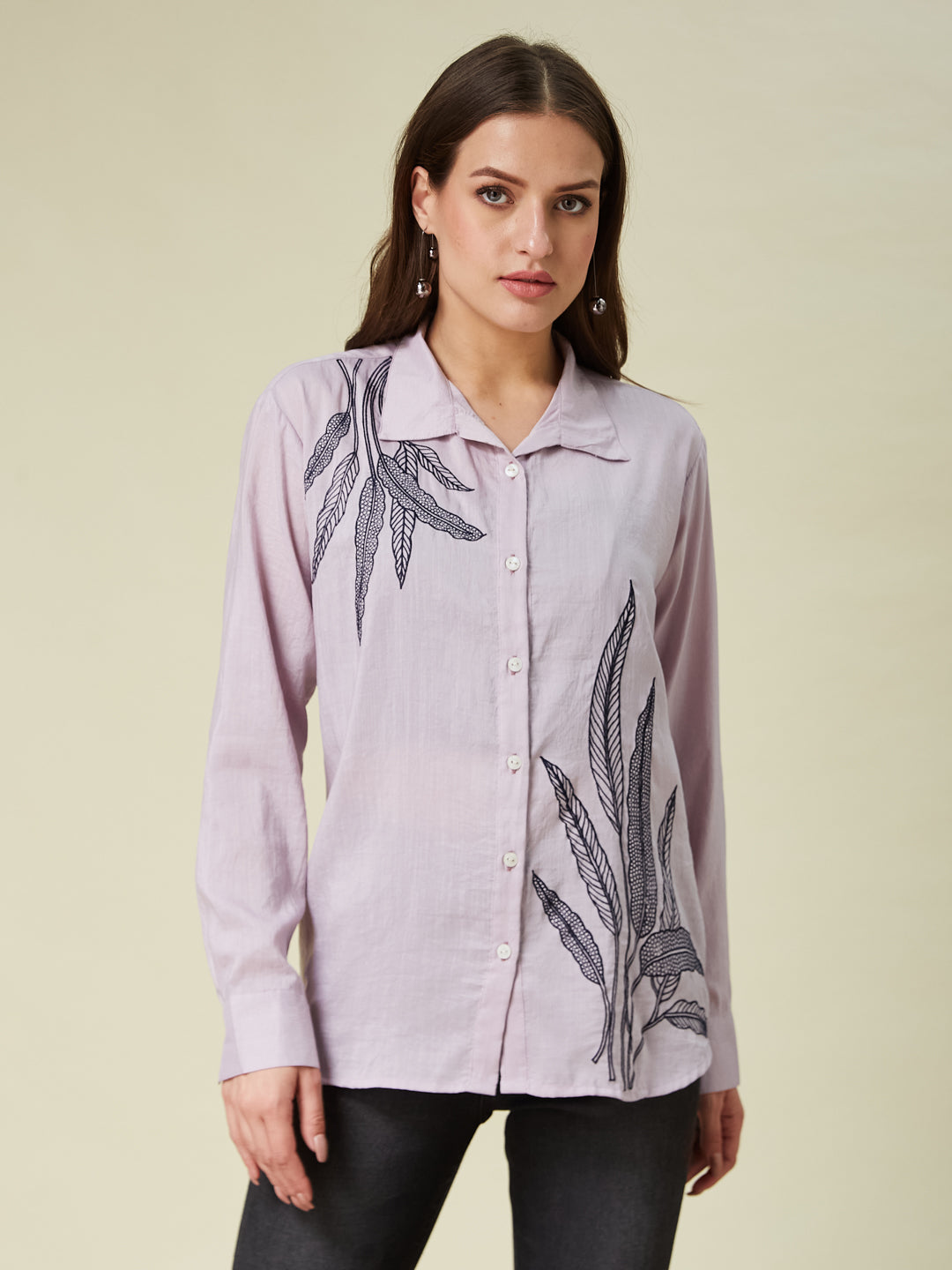 Pink floral print trendy Plain Regular women full sleeve shirt