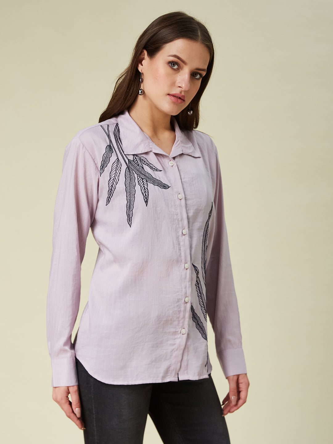 Pink floral print trendy Plain Regular women full sleeve shirt